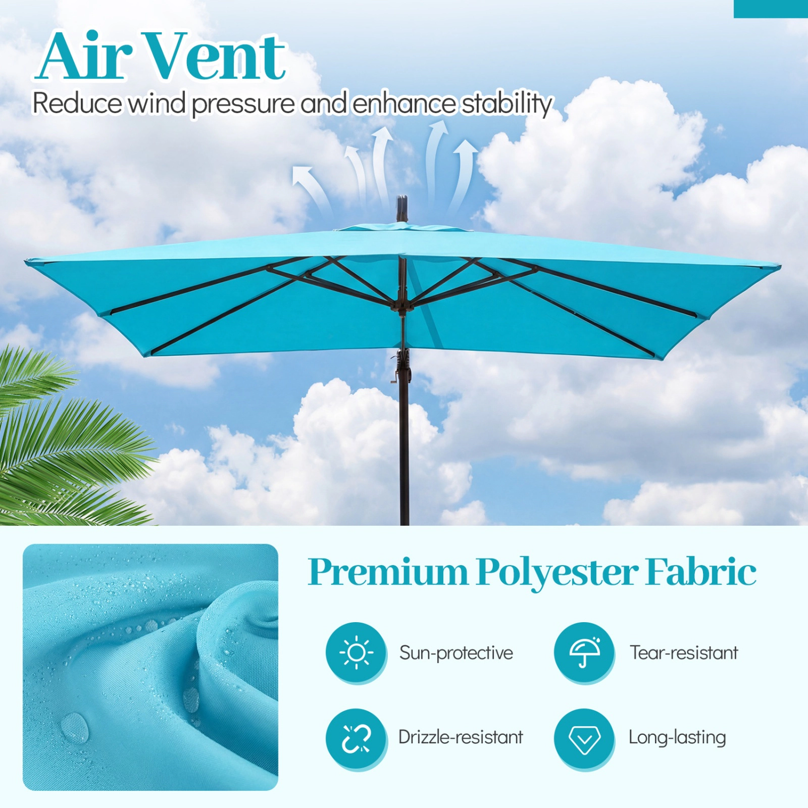 SUGIFT 8 x 8-ft Offset Cantilever Square Patio Umbrella 360° Rotation Double-Tier Canopy 116-lb Base Capacity Turquoise