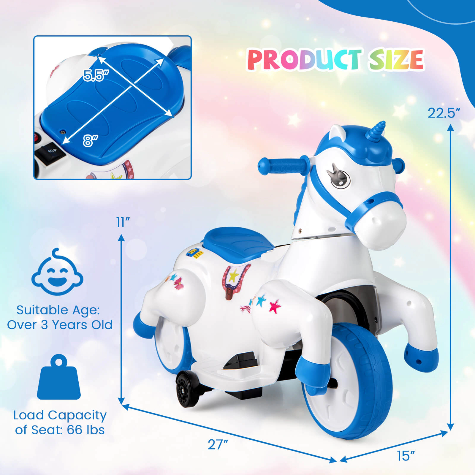 Costway 12V Kids Ride on Unicorn Toy w/ Training Wheels Music One-button Start Horse