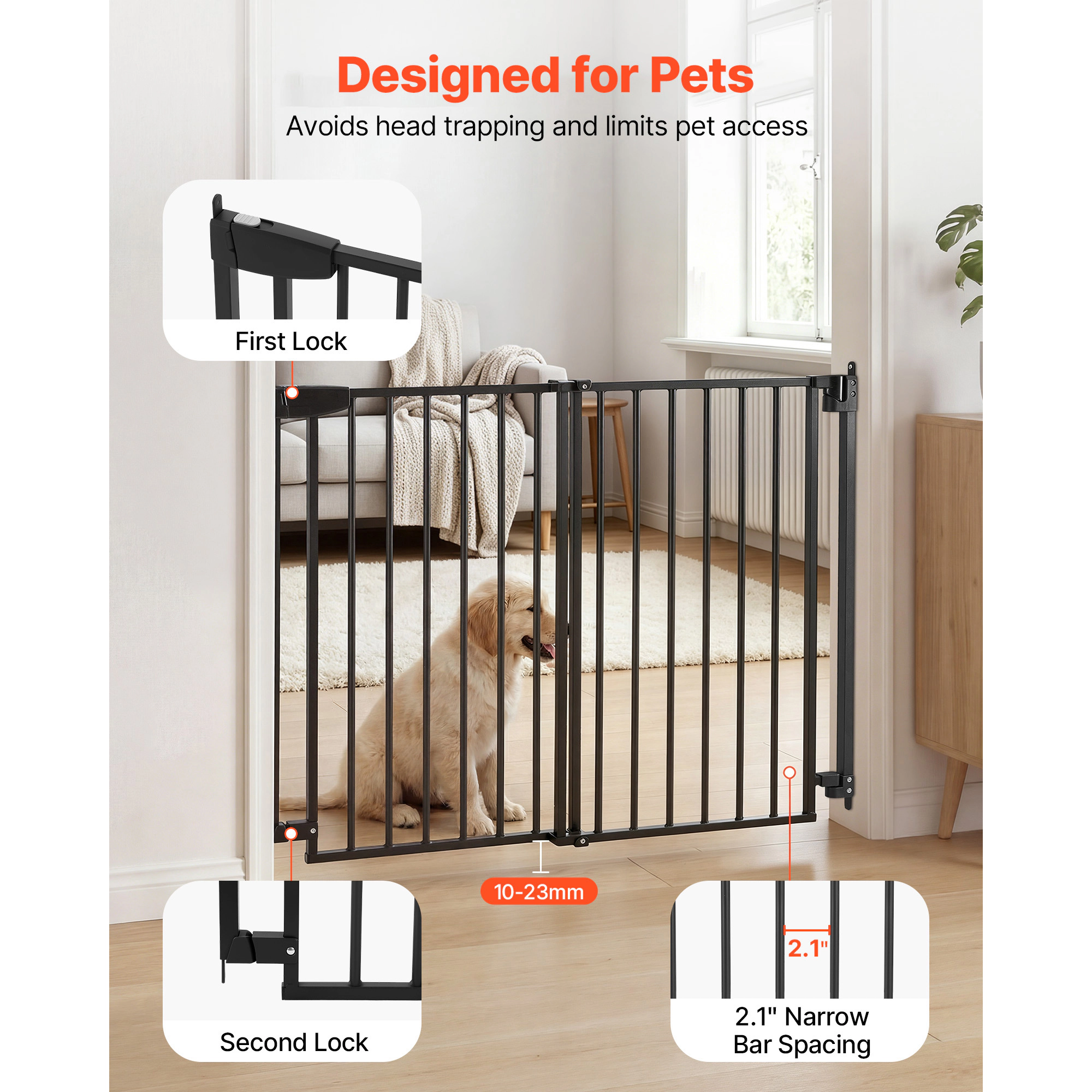 HONGGE Baby Gate for Stairs Adjustable Width Dog No Bottom Bar One-Handed Operation Easy Drilling Installation