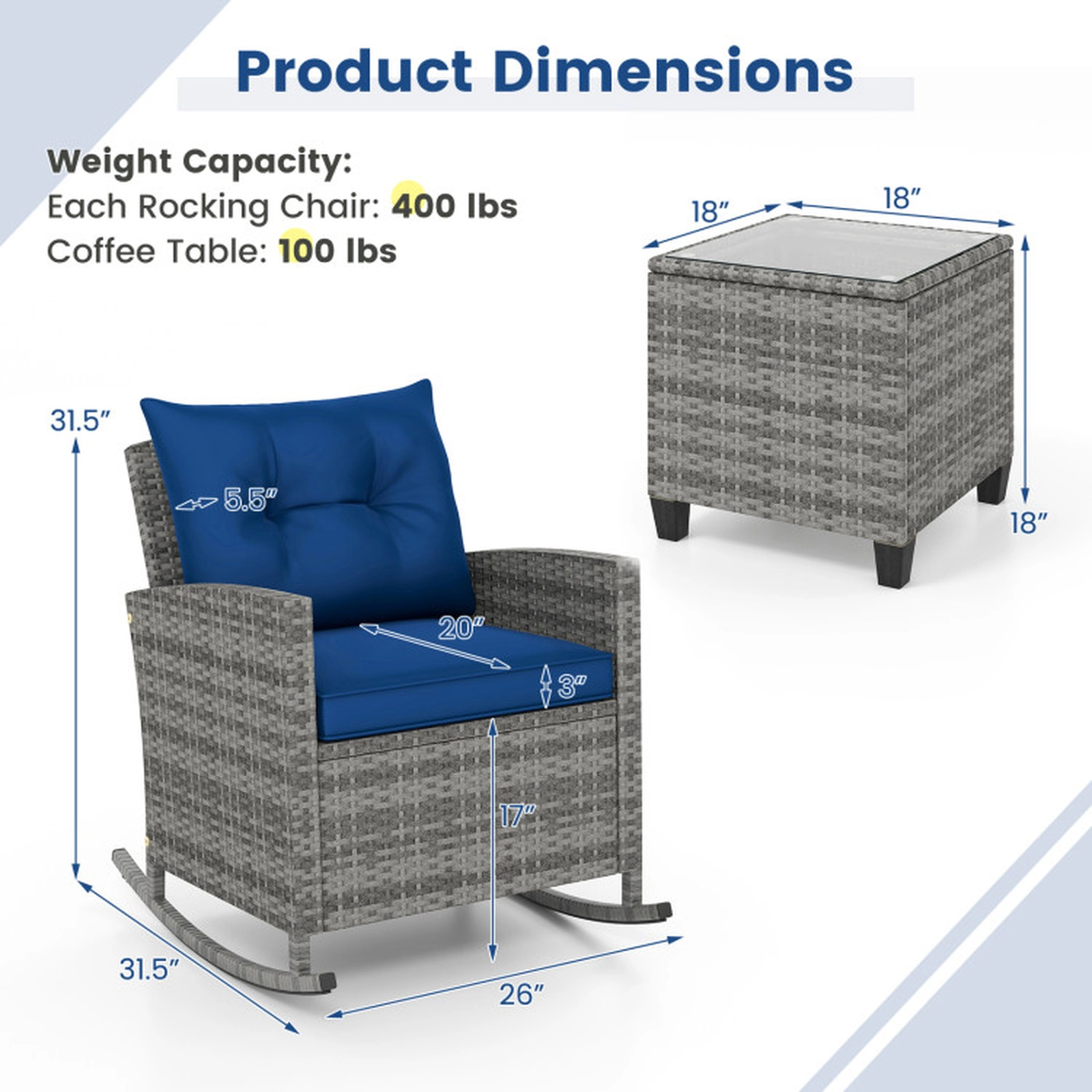 SUGIFT 3-Piece Mix Brown Outdoor Wicker Rocking Chair Set with Glass Table