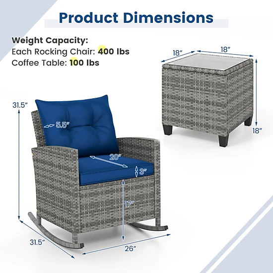 SUGIFT 3-Piece Mix Brown Outdoor Wicker Rocking Chair Set with Glass Table
