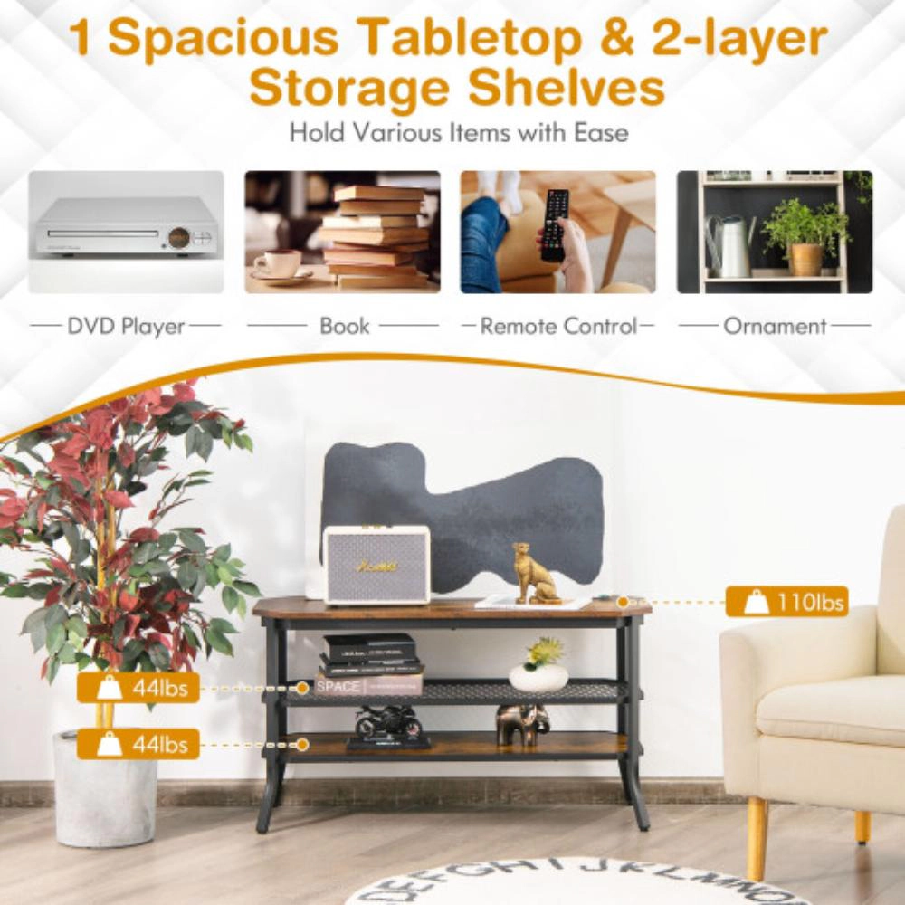 Hivvago 3-Tier Console Table Tv Stand With Mesh Storage Shelf-Rustic Brown