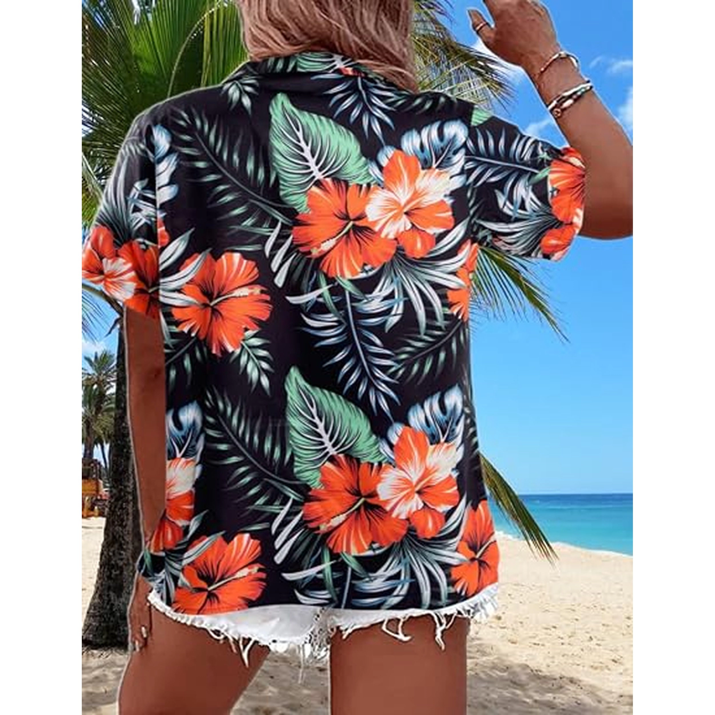 Zeagoo Women's Plus Short Sleeve Floral Hawaiian Tropical Beach Shirt
