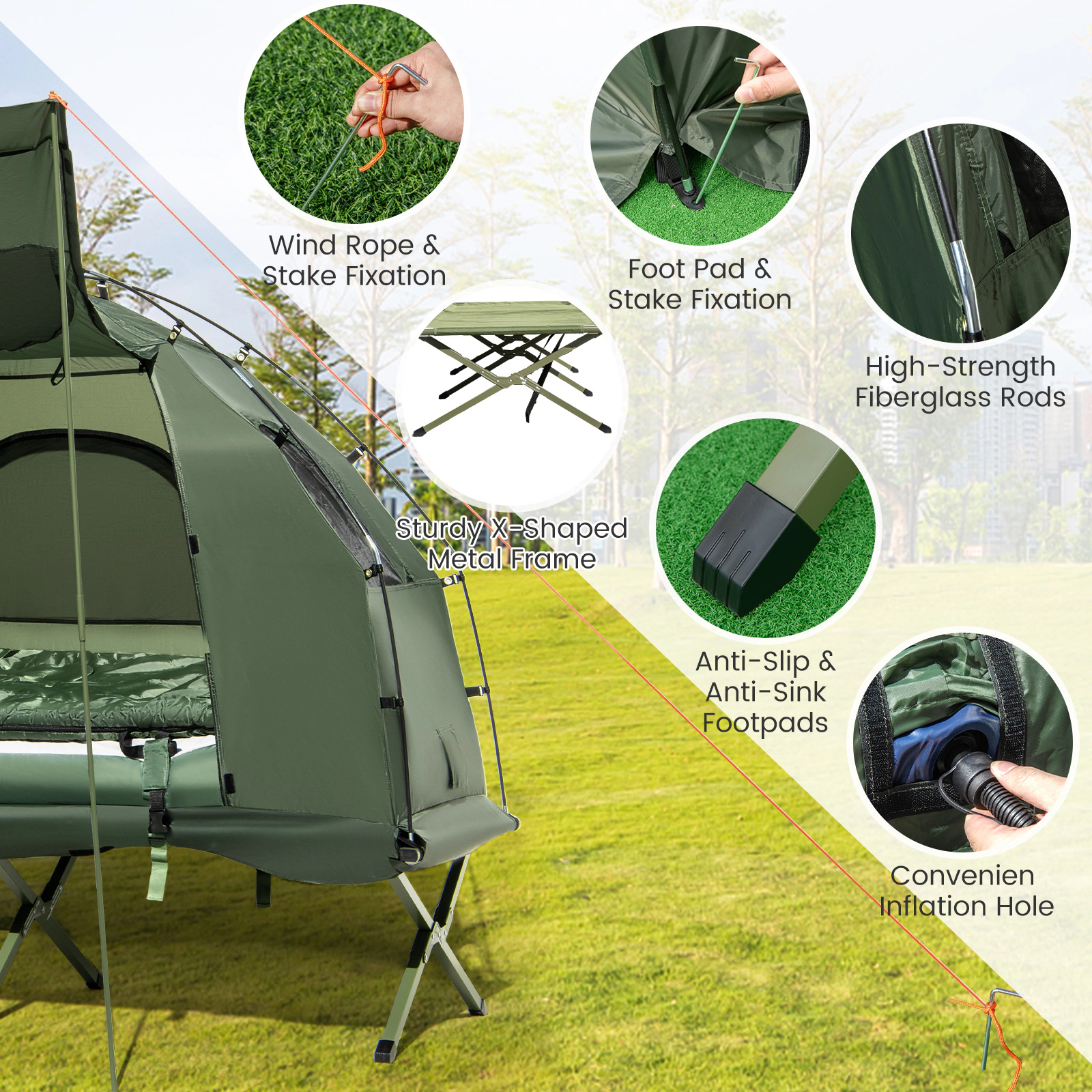 LJG 1-Person Folding Camping Tent with Sunshade and Air Mattress