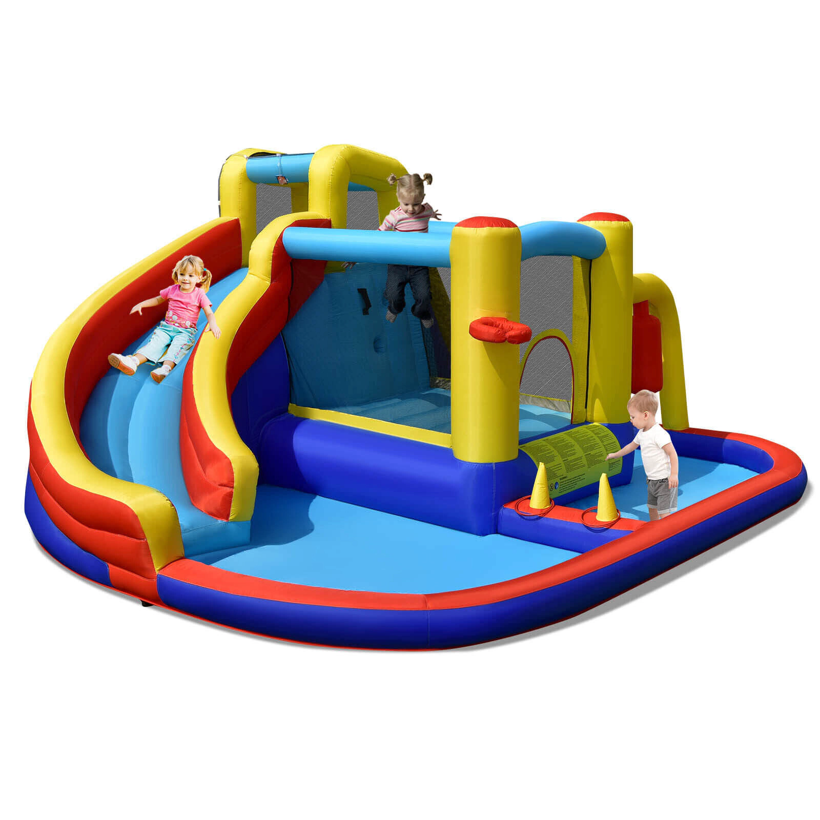 LJG Kids 7-in-1 Inflatable Water Slide Bounce Castle with Splash Pool and Climbing Wall without Blower