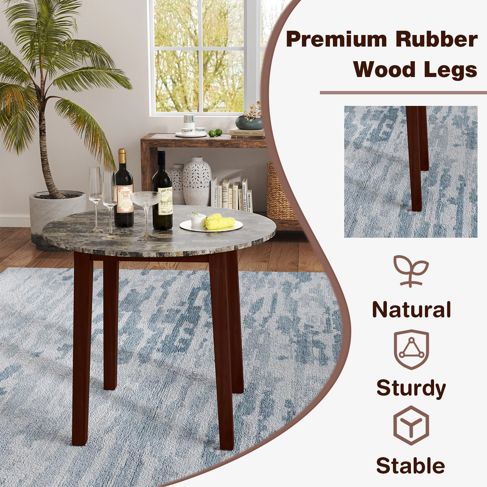 SUGIFT 35-in Round Dining Table with Rubber Wood Legs and Marble-Textured Veneer Tabletop 286-lb Capacity Brown