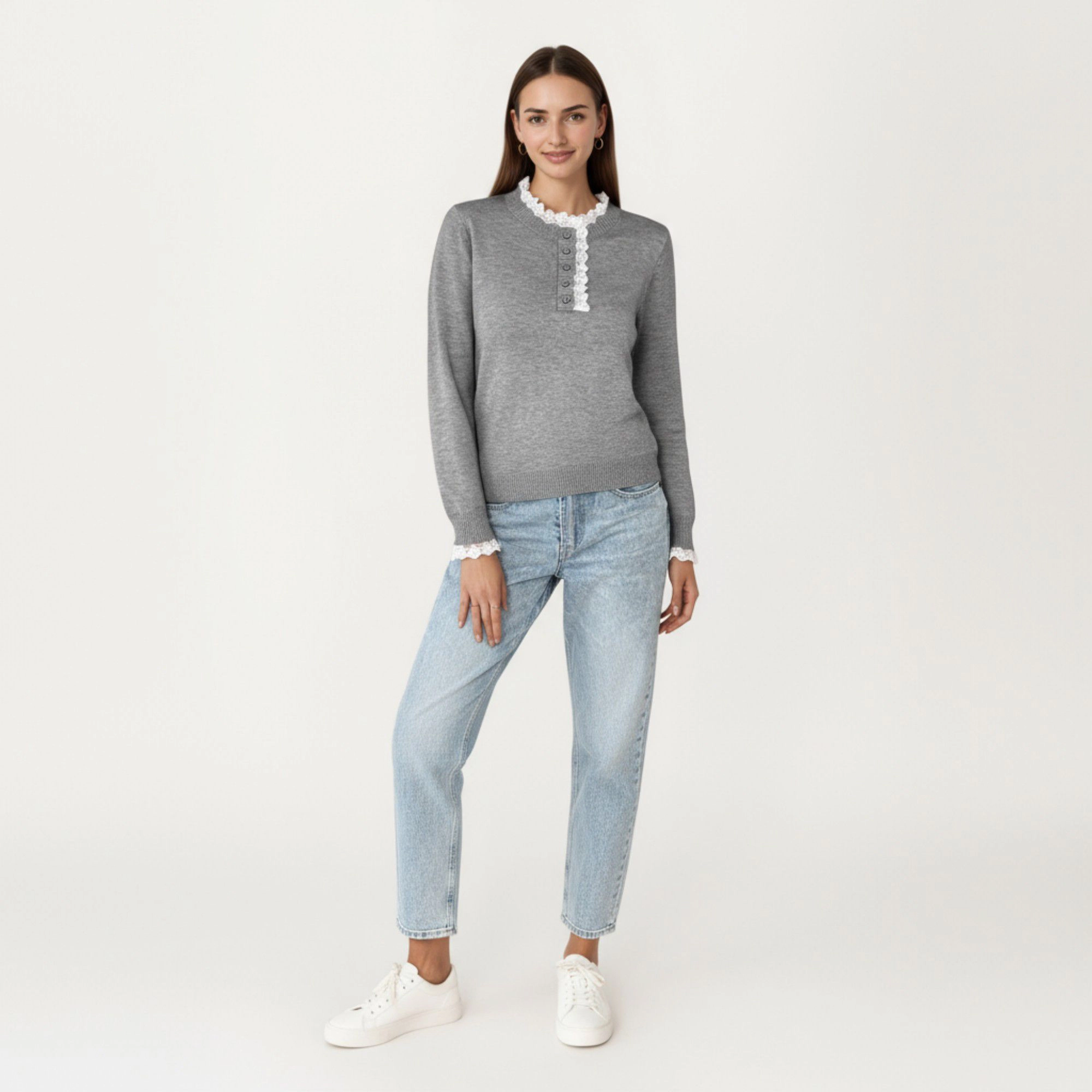 Anna-Kaci Women's Lace Trim Collar Button Front Long Sleeve Knit Top