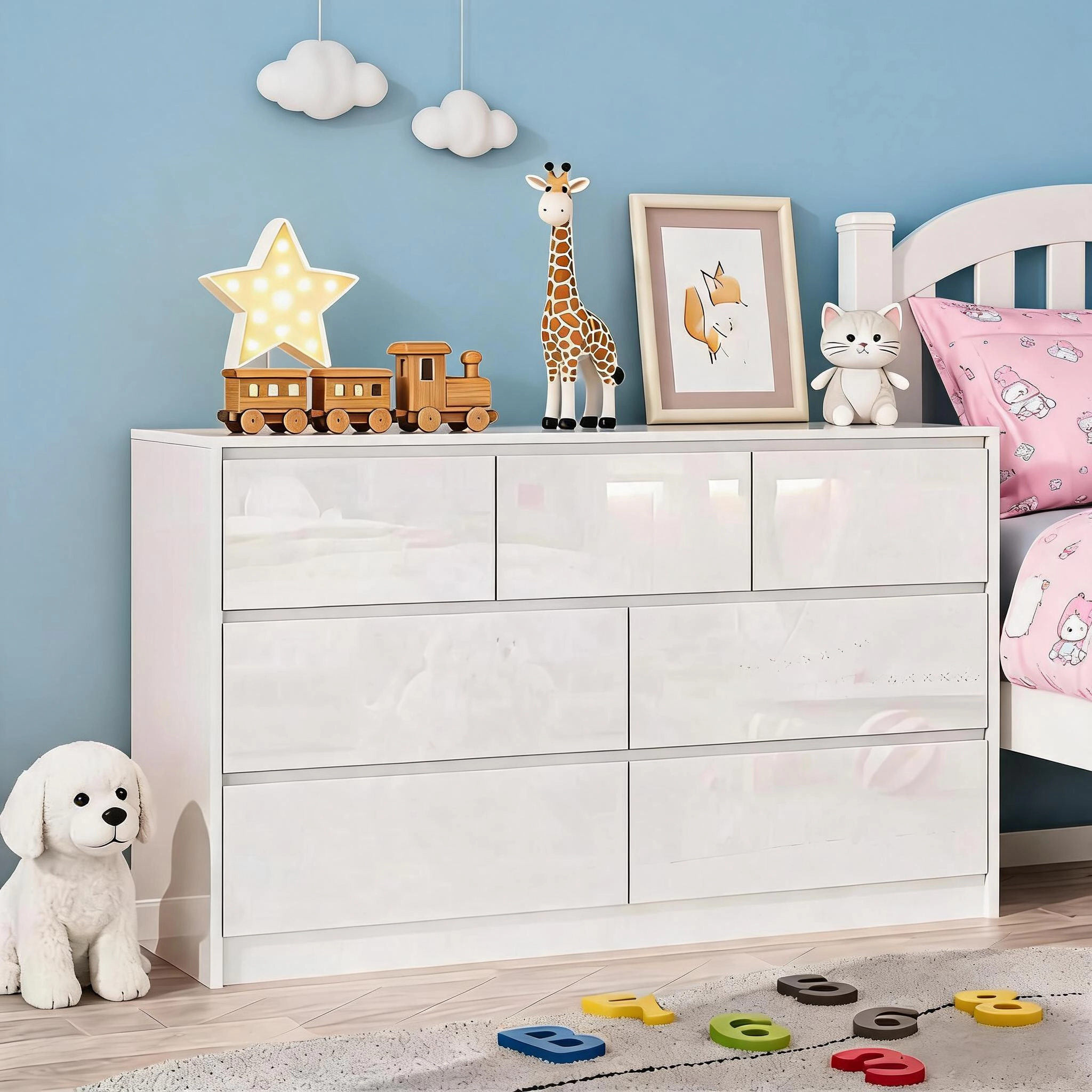 55" Full High Gloss Dresser with 7 Drawers, Modern Wide Storage Chest for Bedroom