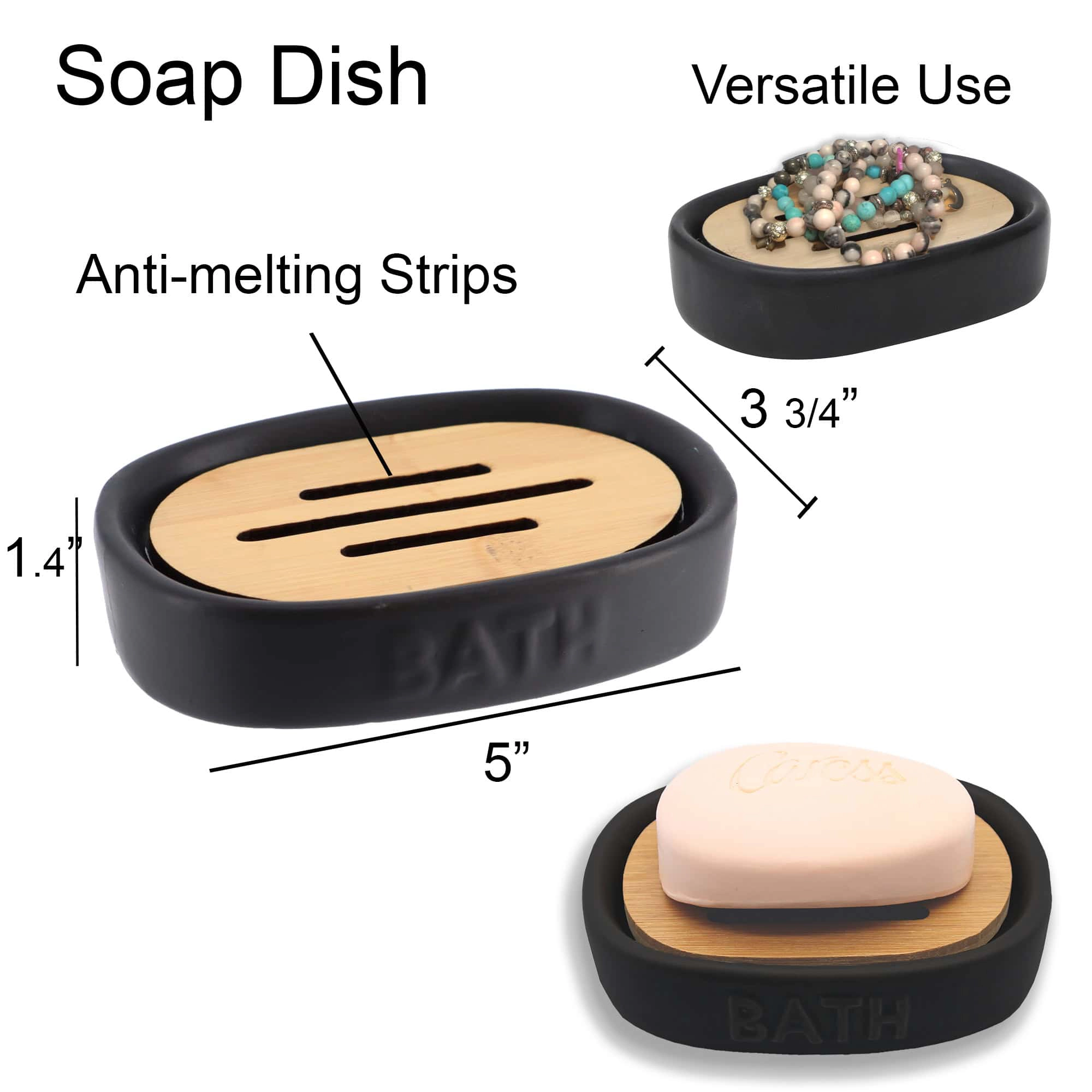Evideco French Home Goods Dolomite Soap Dish with Removable Bamboo Slat Tray - Matte Black, 2-Piece