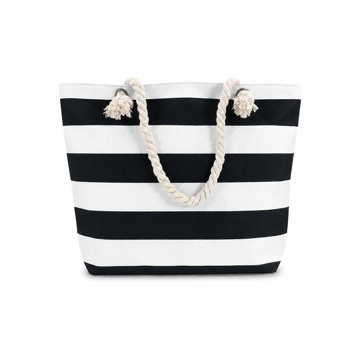 Alilang Women's Striped Canvas Beach Tote Bag with Zip Closure and Rope Shoulder Handles, Black