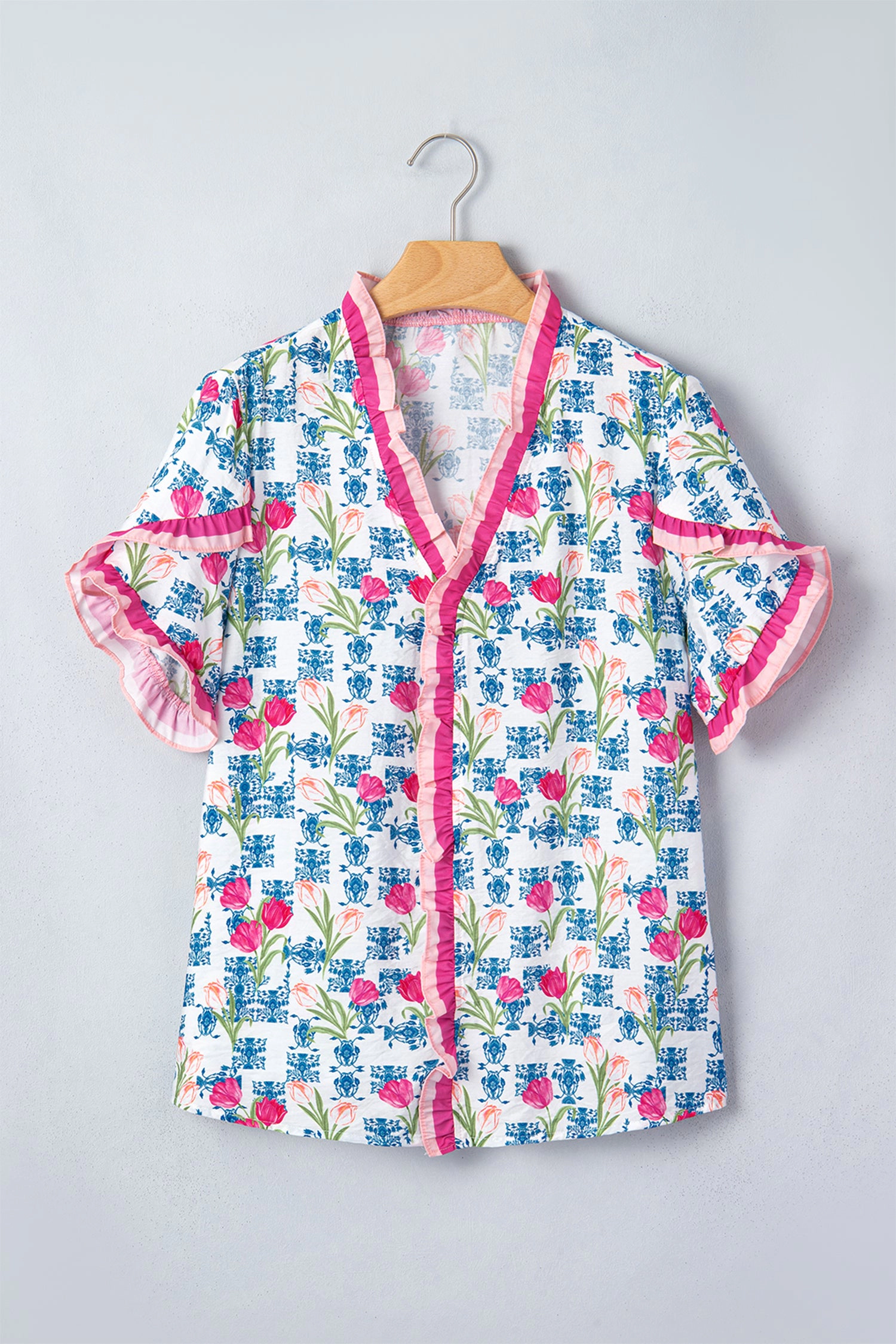 Threaded Pear Rose Floral Ruffle V-Neck Short Sleeve Loose Tunic Shirt