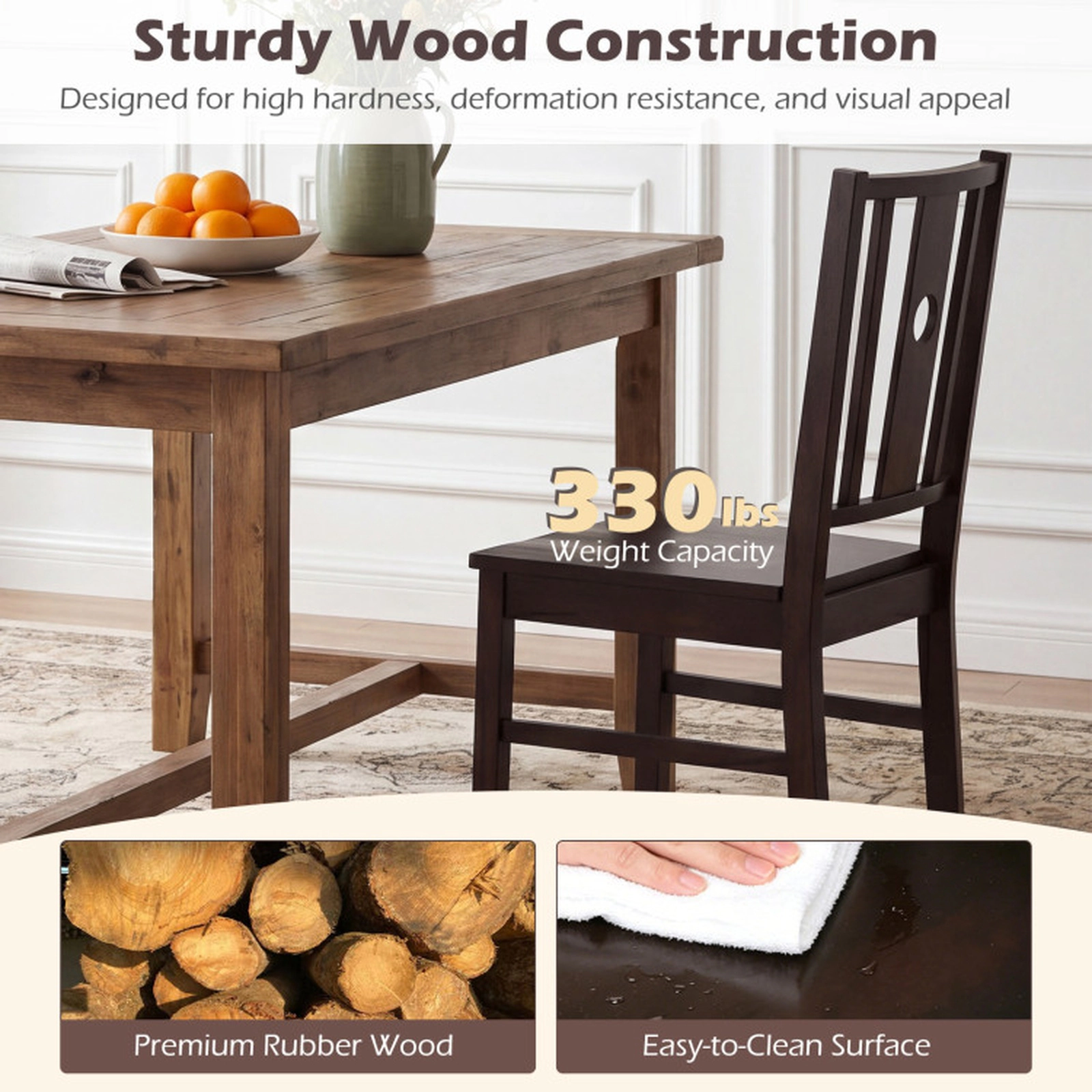 SUGIFT Set of 2 Solid Rubber Wood Kitchen Dining Chairs with Slatted Curved Backrest 330-lb Capacity Coffee