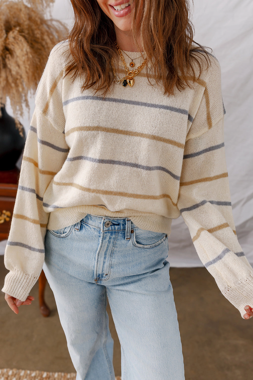 Threaded Pear Women's Eden Striped Ribbed Edge Drop Shoulder Sweater