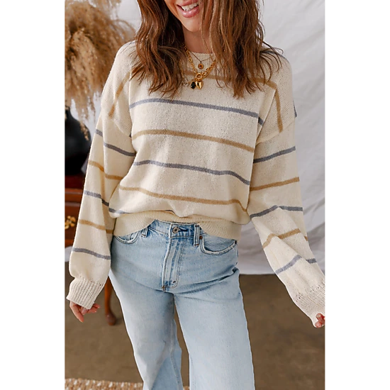 Threaded Pear Women's Eden Striped Ribbed Edge Drop Shoulder Sweater