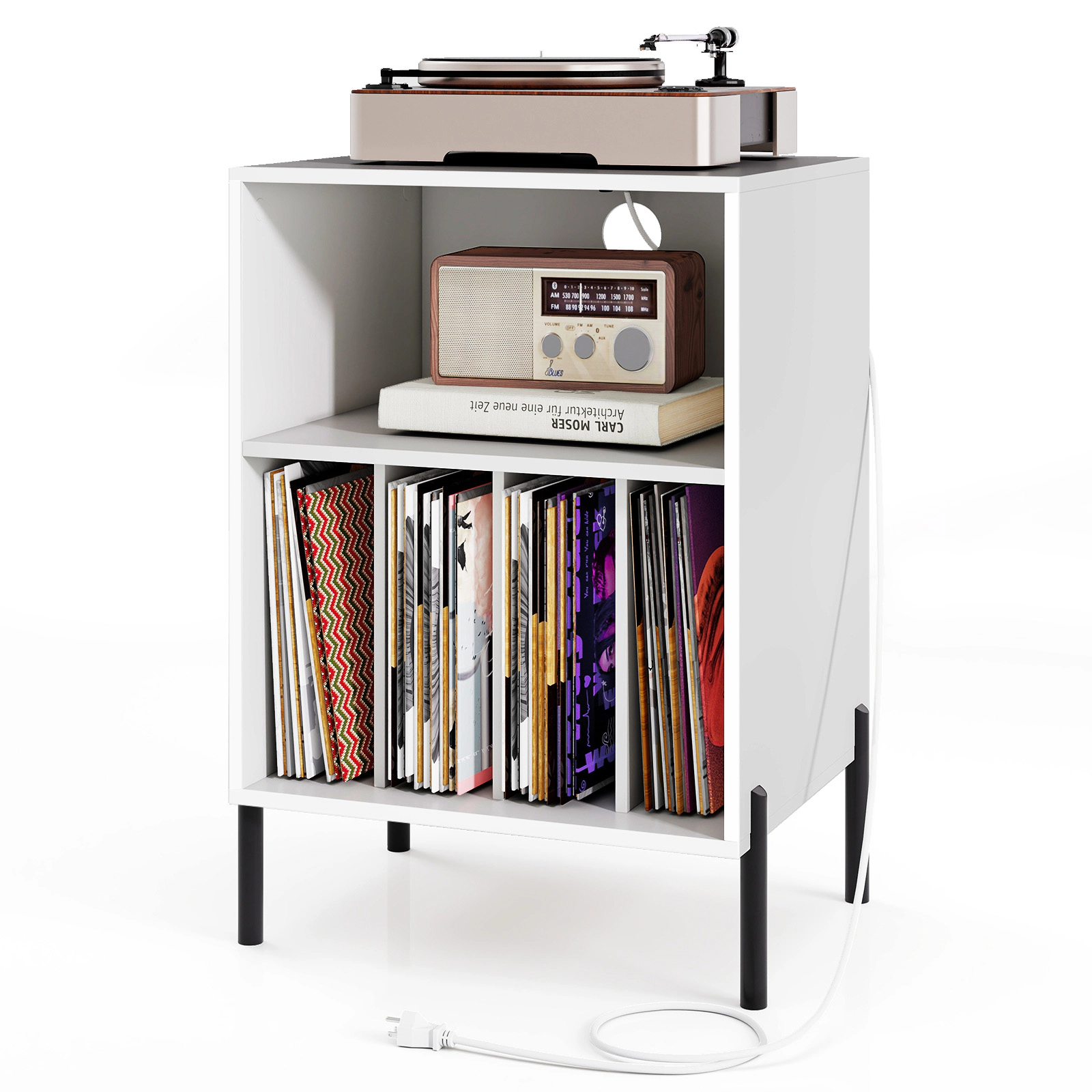 SUGIFT Record Player Stand Accent Table Storage Shelf & Charging Station 110-lb Countertop Capacity 150 Vinyl Record