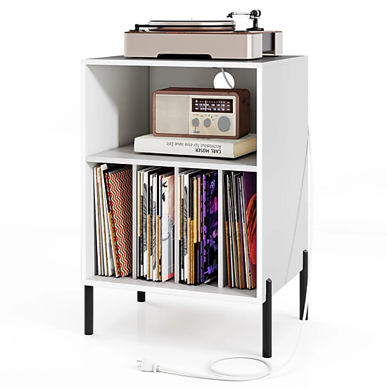 SUGIFT Record Player Stand Accent Table Storage Shelf & Charging Station 110-lb Countertop Capacity 150 Vinyl Record