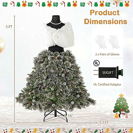 SUGIFT 5-ft Pre-Lit Snowy Mannequin Dress Form Christmas Tree, 50 Warm ...