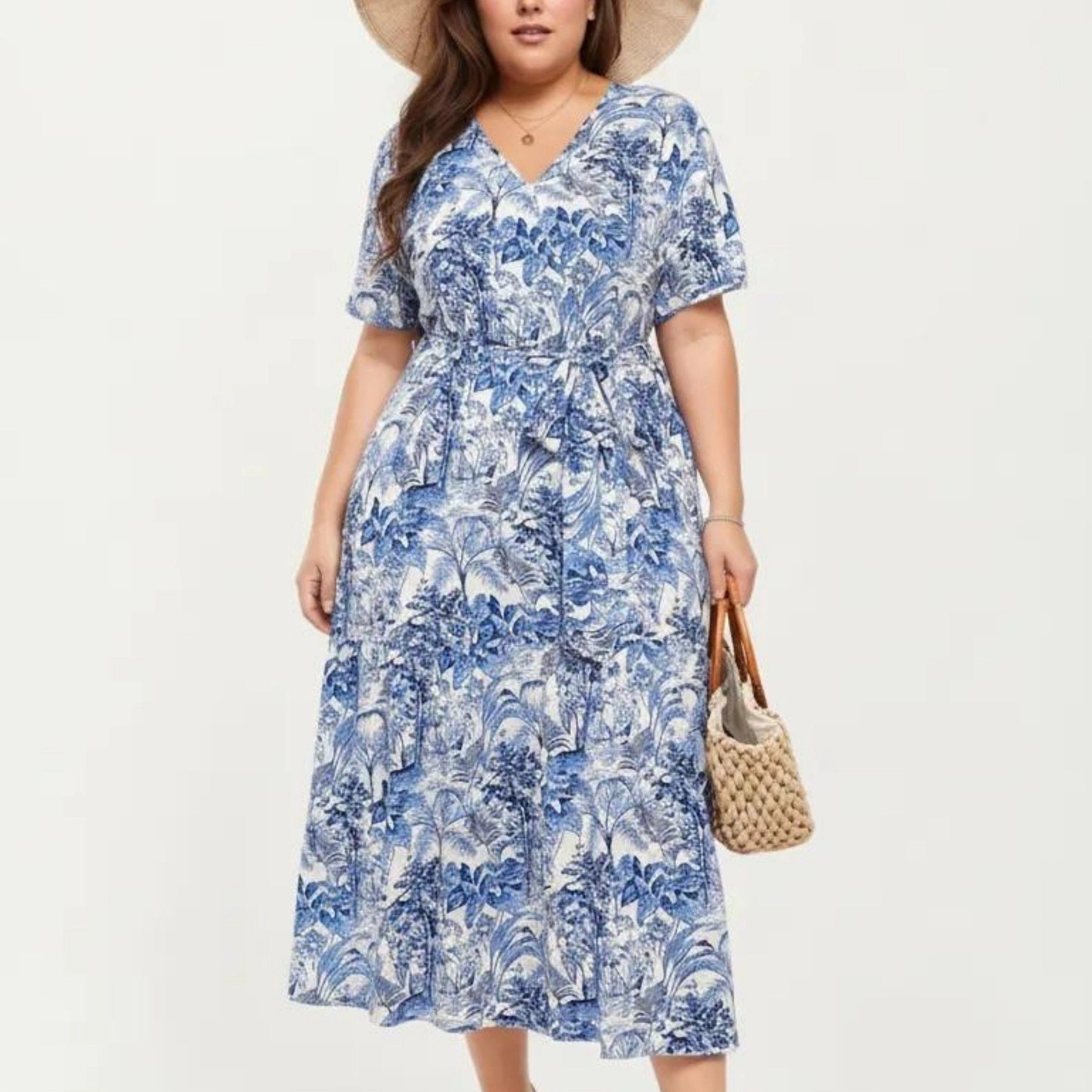 Anna-Kaci Women's Short Sleeve V Neck Waist Tie Belt All Over Print Flowy Fit Midi Dress