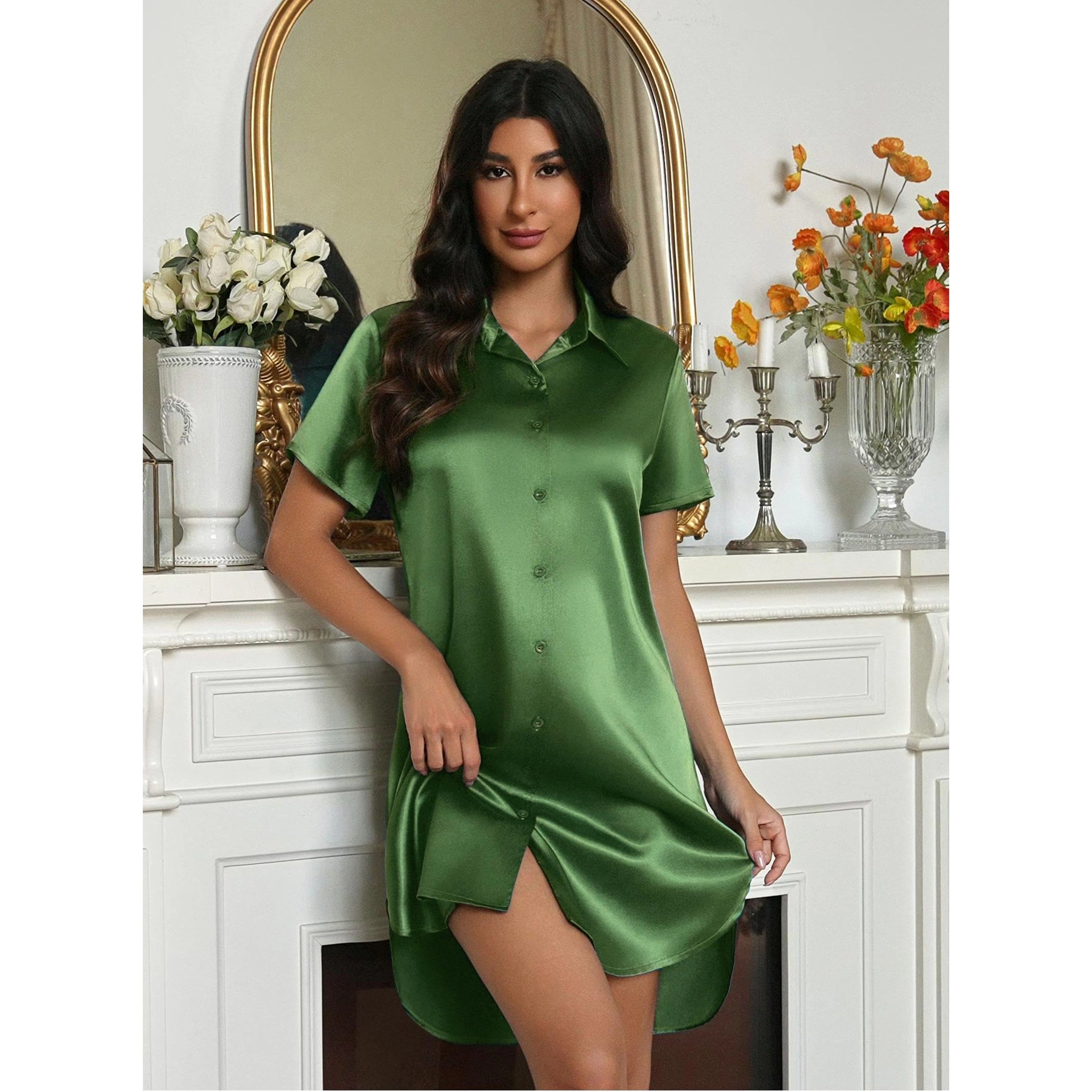 Ekouaer Satin Womens Nightgown Button Front Sleep Shirt V Neck Wear Short Sleeve Nightshirts