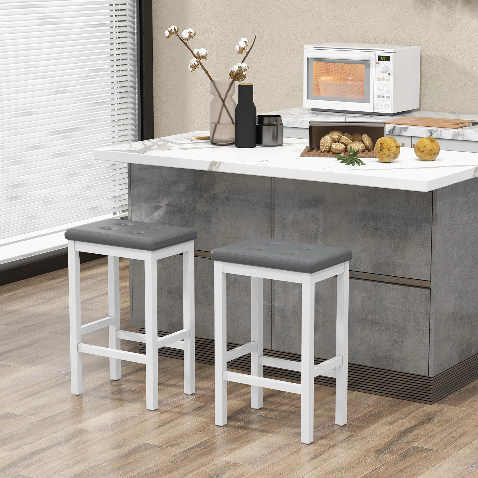 SUGIFT White Padded Seat Footrest and Rubber Wood Frame Set of 2 24 Inch Bar Stool