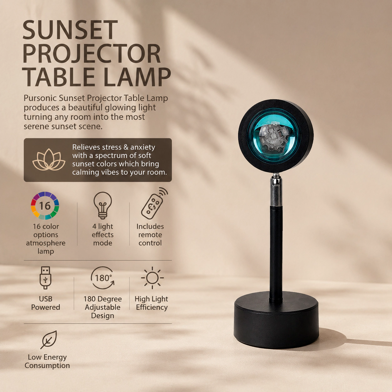 Pursonic Unisex LED Sunset Projector Atmosphere Table Lamp