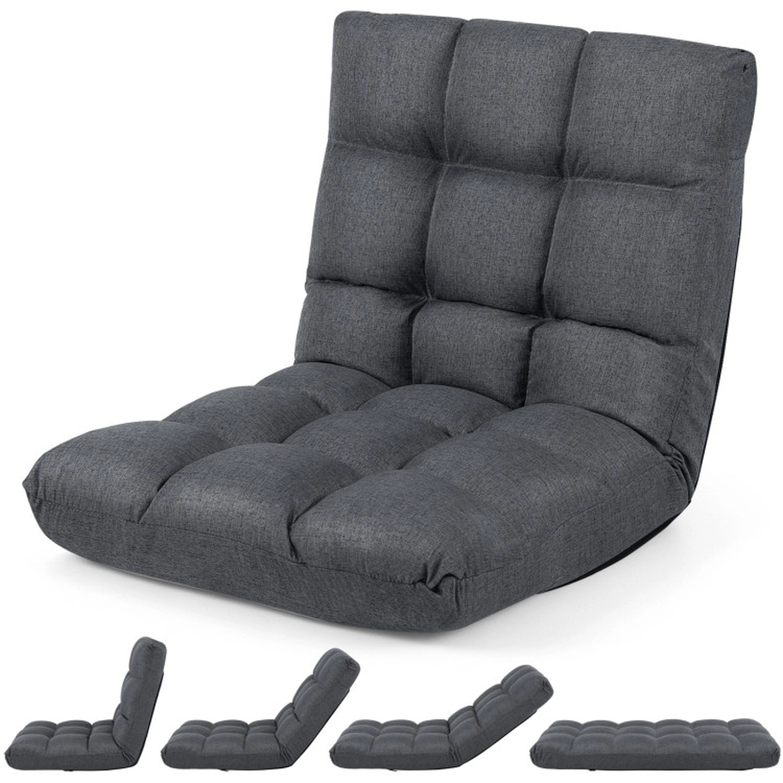 SUGIFT 14-Position Adjustable 264-lb Capacity Gray Cotton Linen Folding Lazy Floor Gaming Sofa Recliner