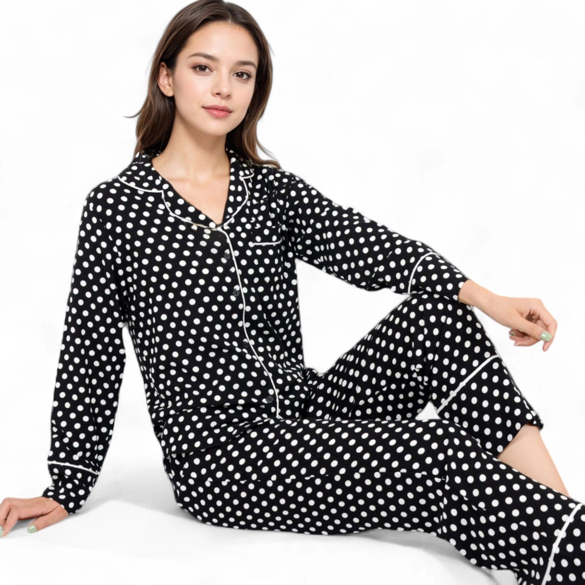 Anna-Kaci Women's Polka Dot Long Sleeve Pajama Set with Button Up Top and Drawstring Pants