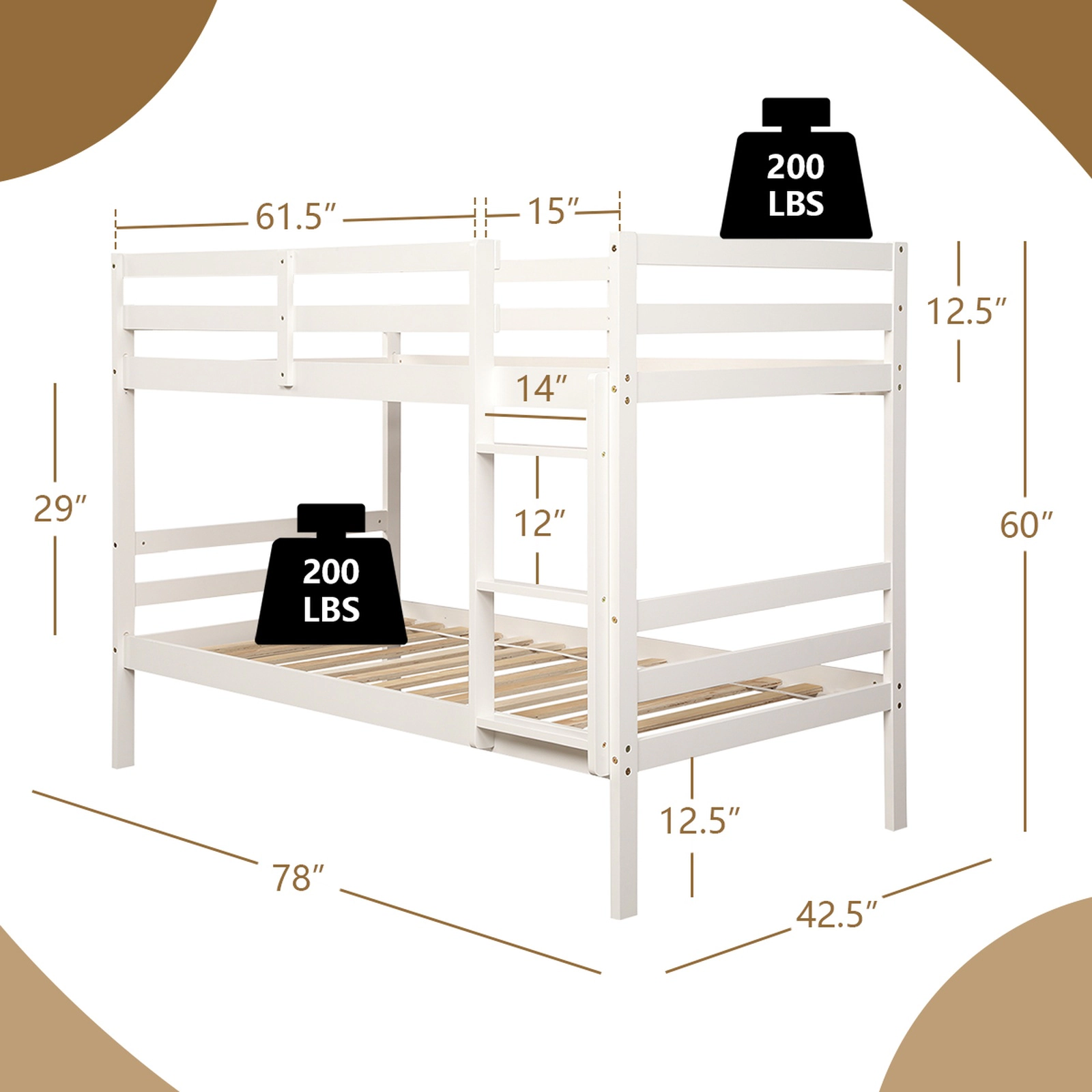 SUGIFT Twin-Over-Twin Bunk Bed, Solid Pine Wood, Guardrails, Wide Ladder, White
