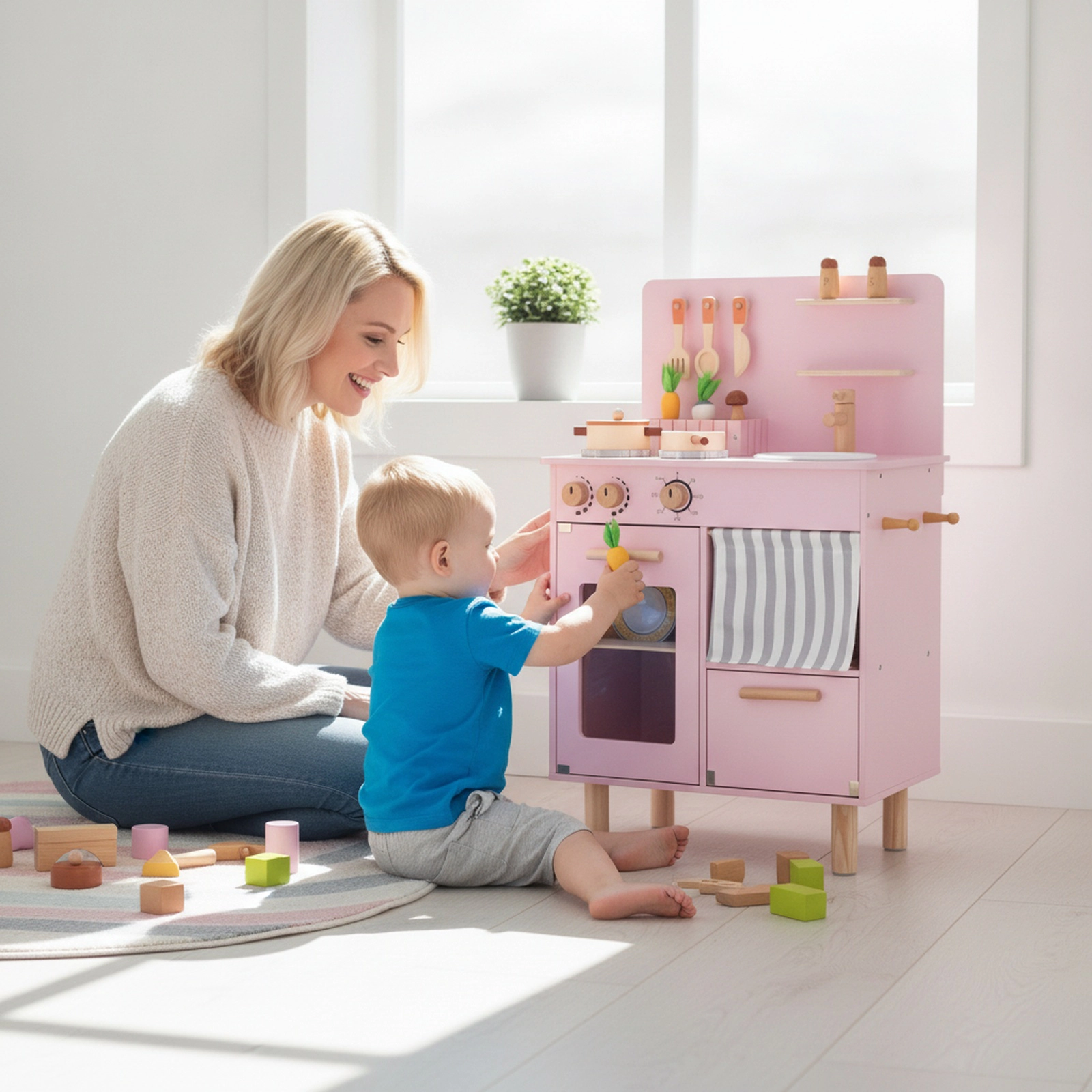 Wooden Play Kitchen for Toddlers with Clicking Stove Faucet Sink Dishwasher and Anti-Tip Design 20-in x 12-in x 32-in
