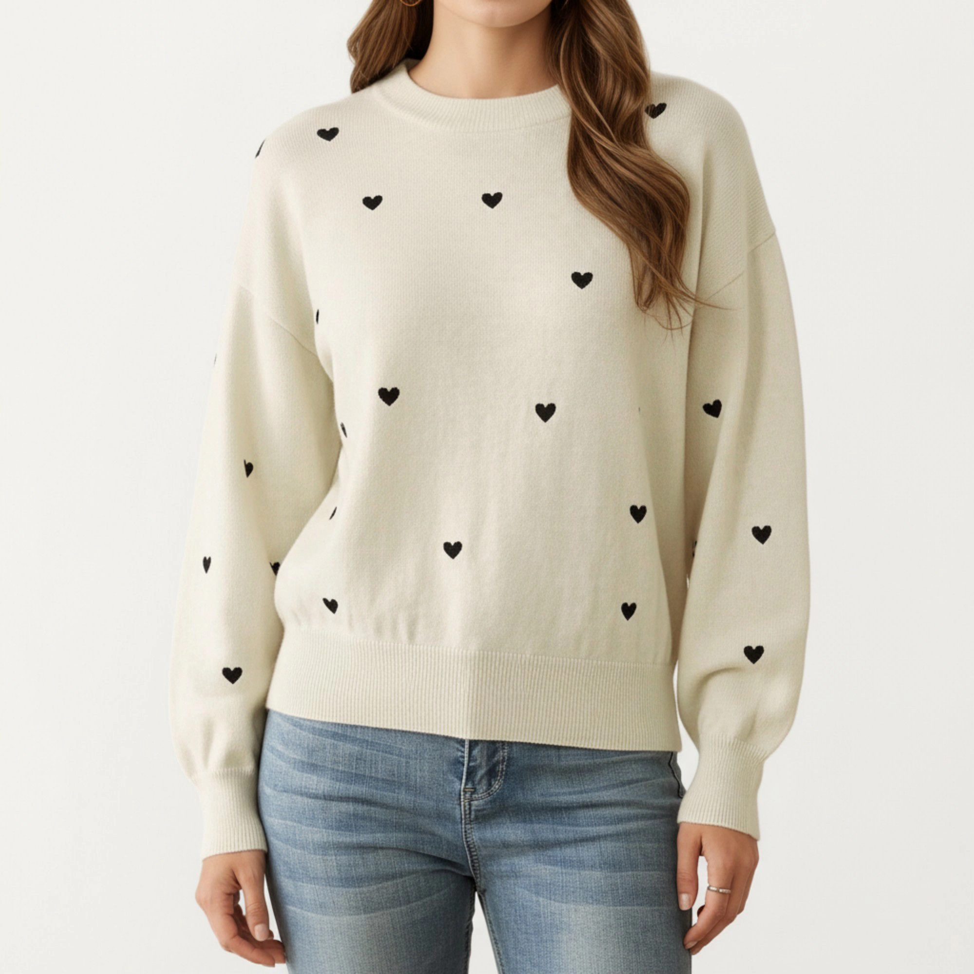 Anna-Kaci Women's Long Sleeve Heart Pattern Valentine Knit Sweater with Ribbed Trim