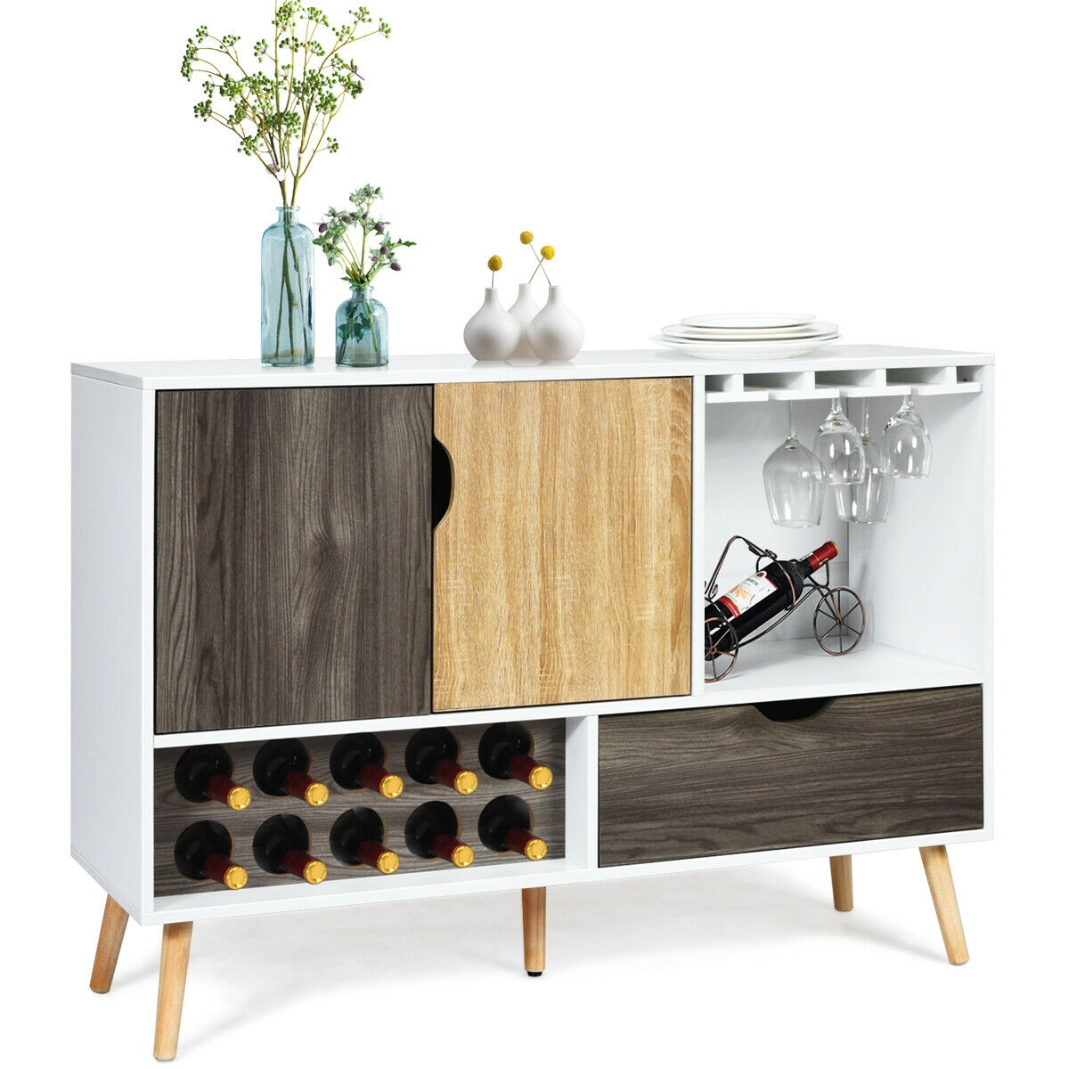 SUGIFT 47.5-in 110-lb Capacity Mid-Century Wooden Buffet Sideboard with 10-Bottle Wine Rack and Glass Holder