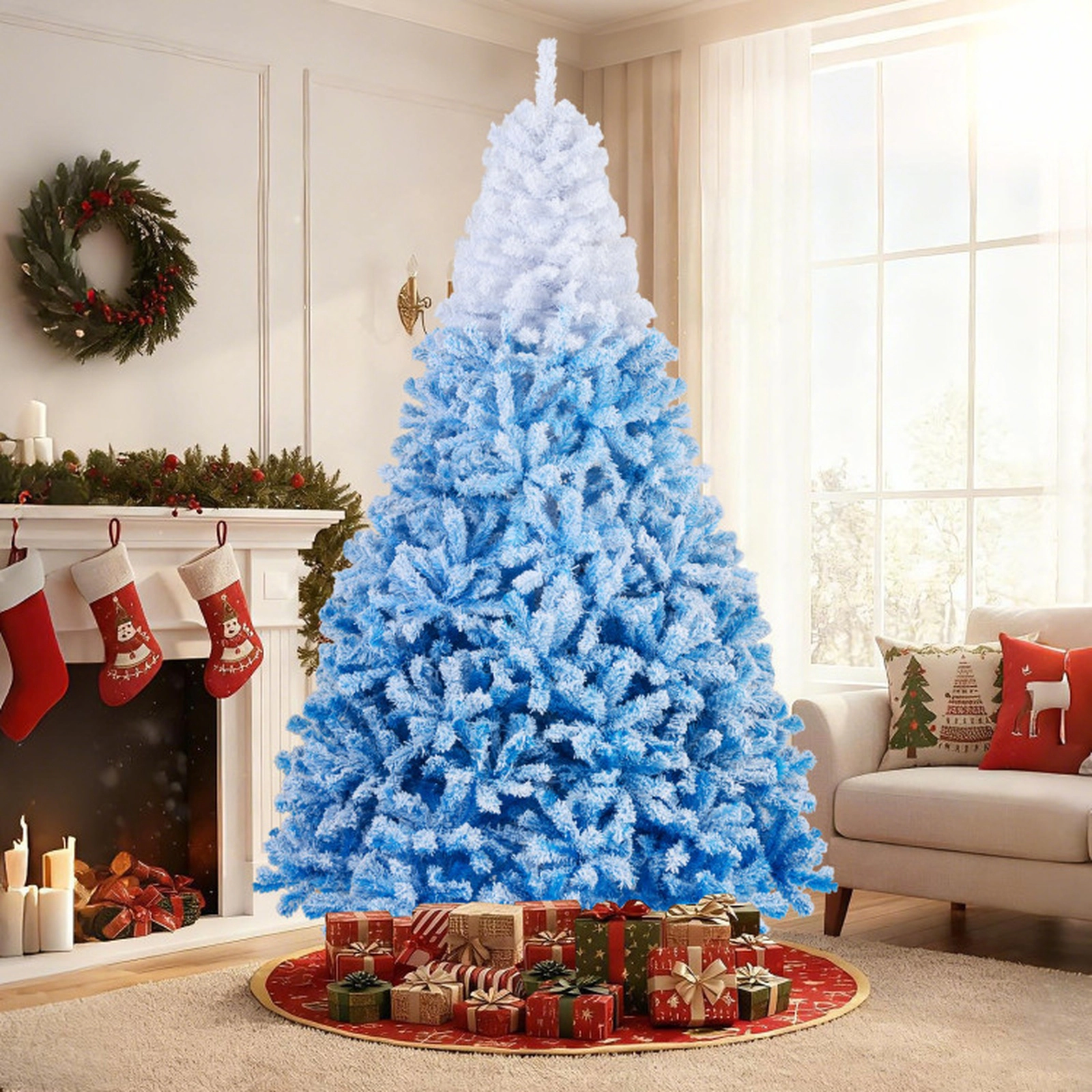 SUGIFT Pre-Lit Artificial Christmas Tree with Warm White LED Lights and 8 Lighting Modes 8 Feet White to Blue
