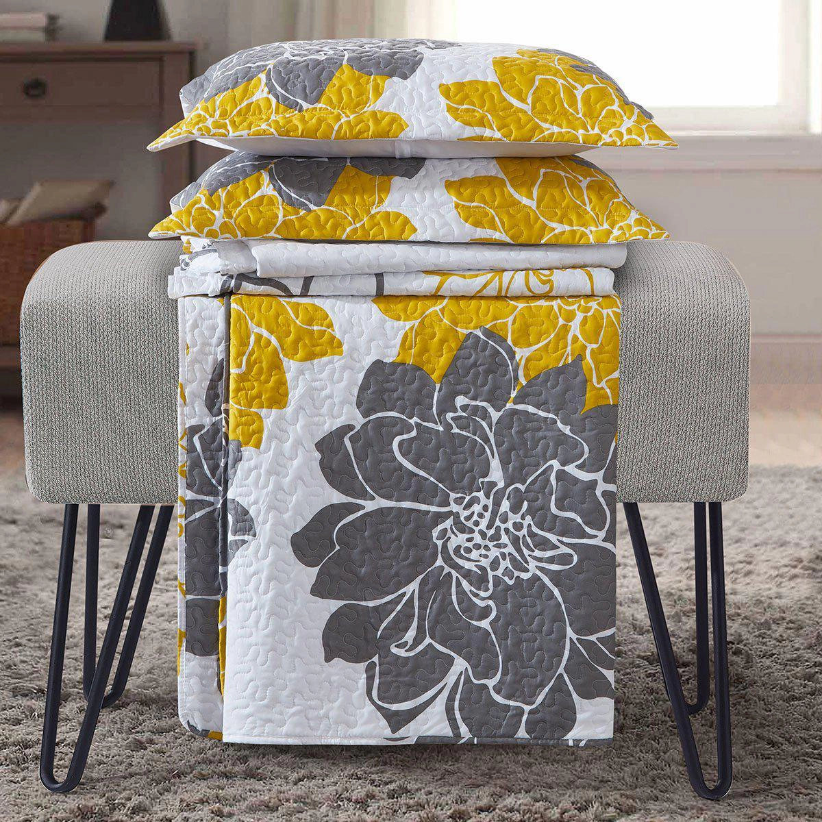 Egyptian Linens Helena Gold Floral Reversible Microfiber Quilt Set