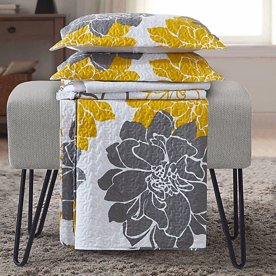 Egyptian Linens Helena Gold Floral Reversible Microfiber Quilt Set