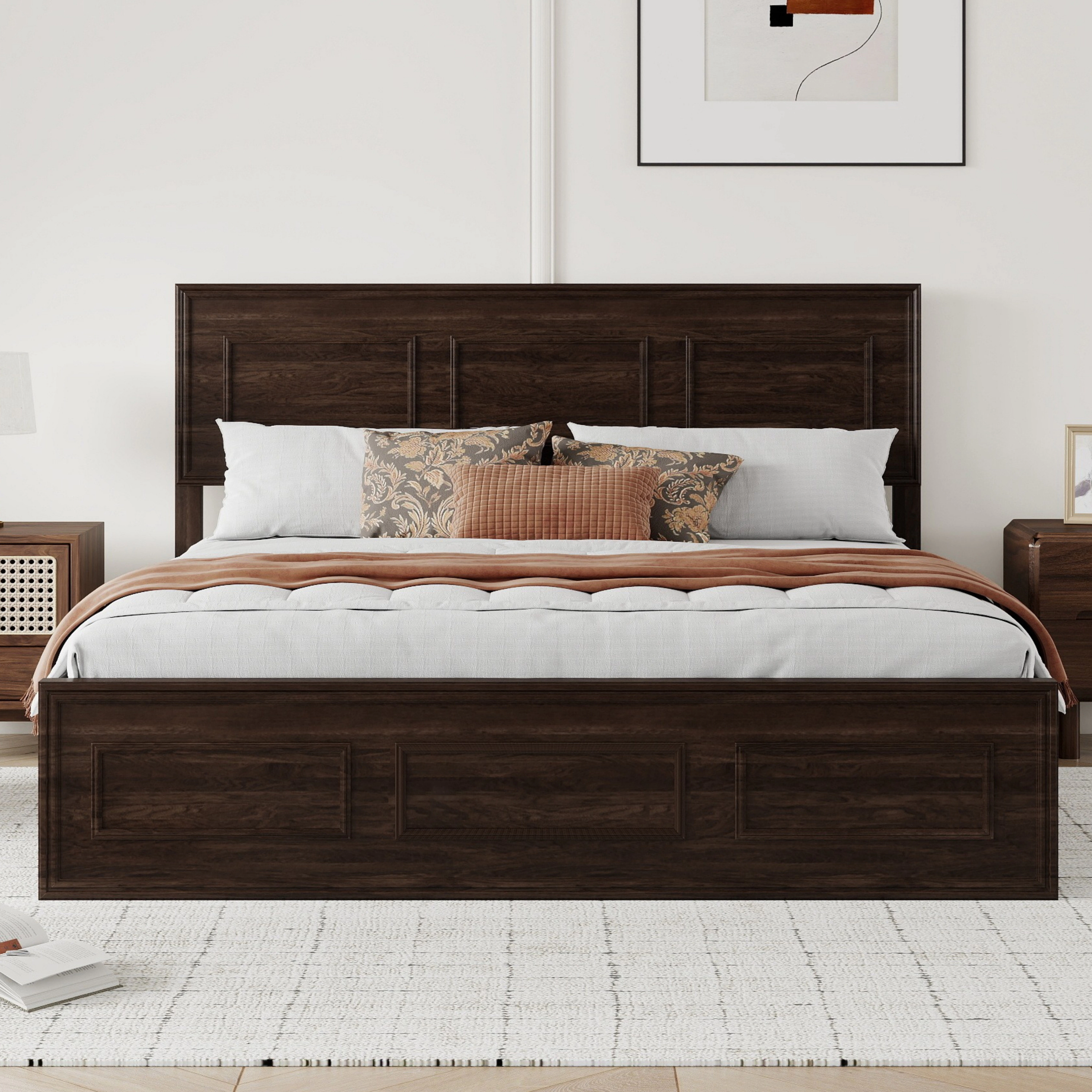 Flynama Queen Bed with Adjustable Height Headboard, Pine Wood Strengthened Frame, Rich Brown