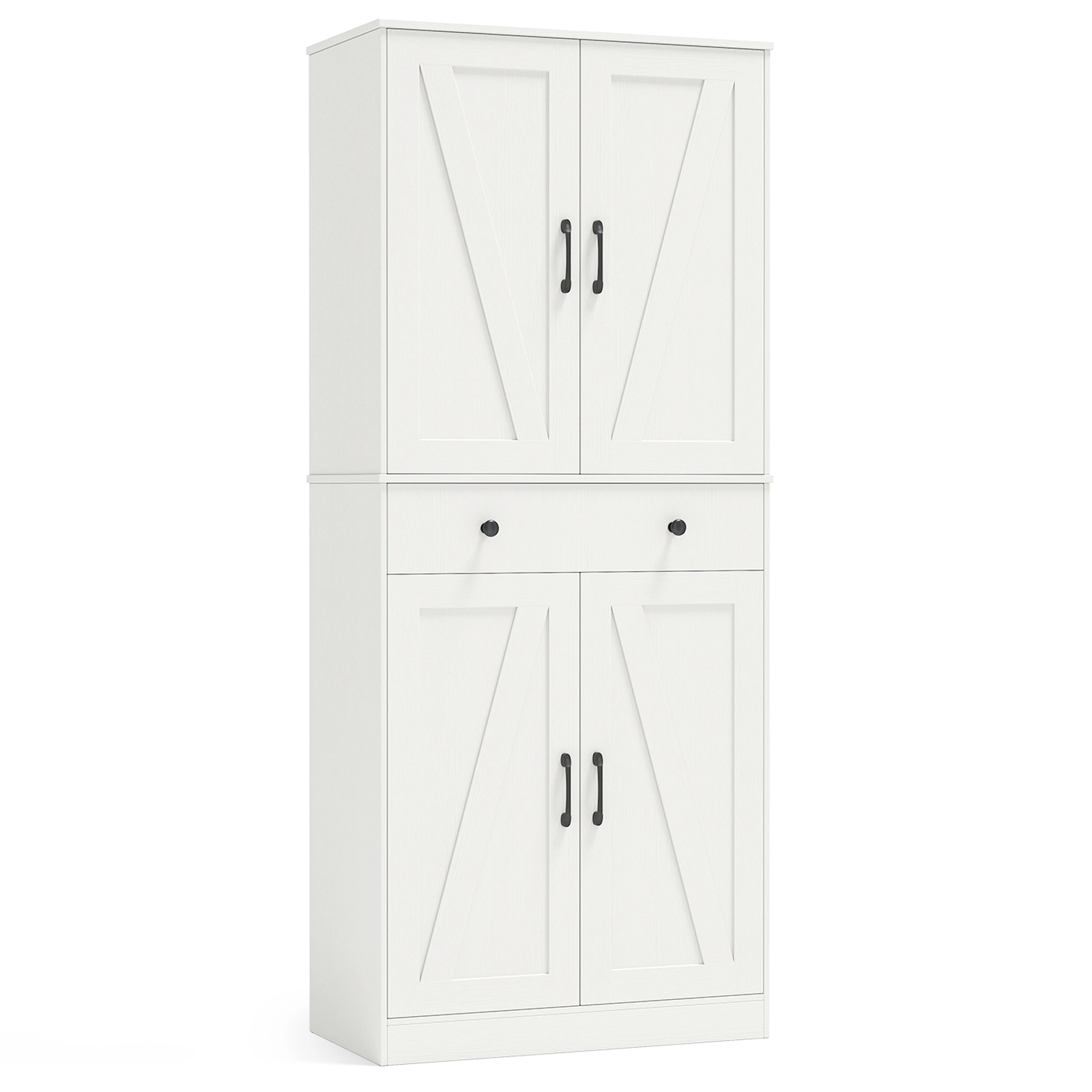 SUGIFT 72-in Tall White Kitchen Pantry Cabinet with 4 Barn Doors Drawer and 3 Adjustable Shelves