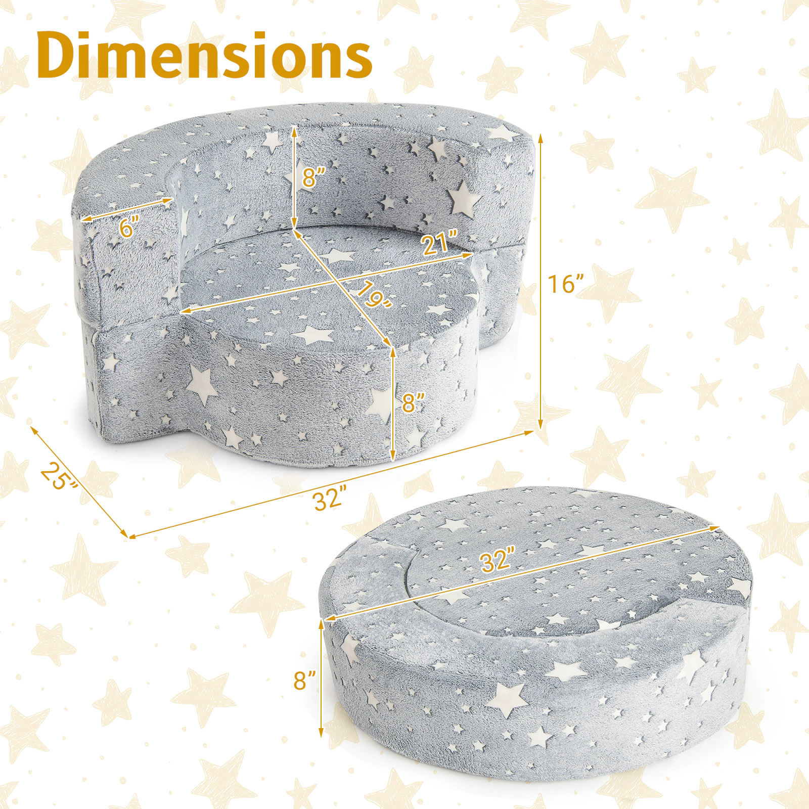 SUGIFT Gray 2-in-1 Toddler Couch with Glow-in-the-Dark Stars