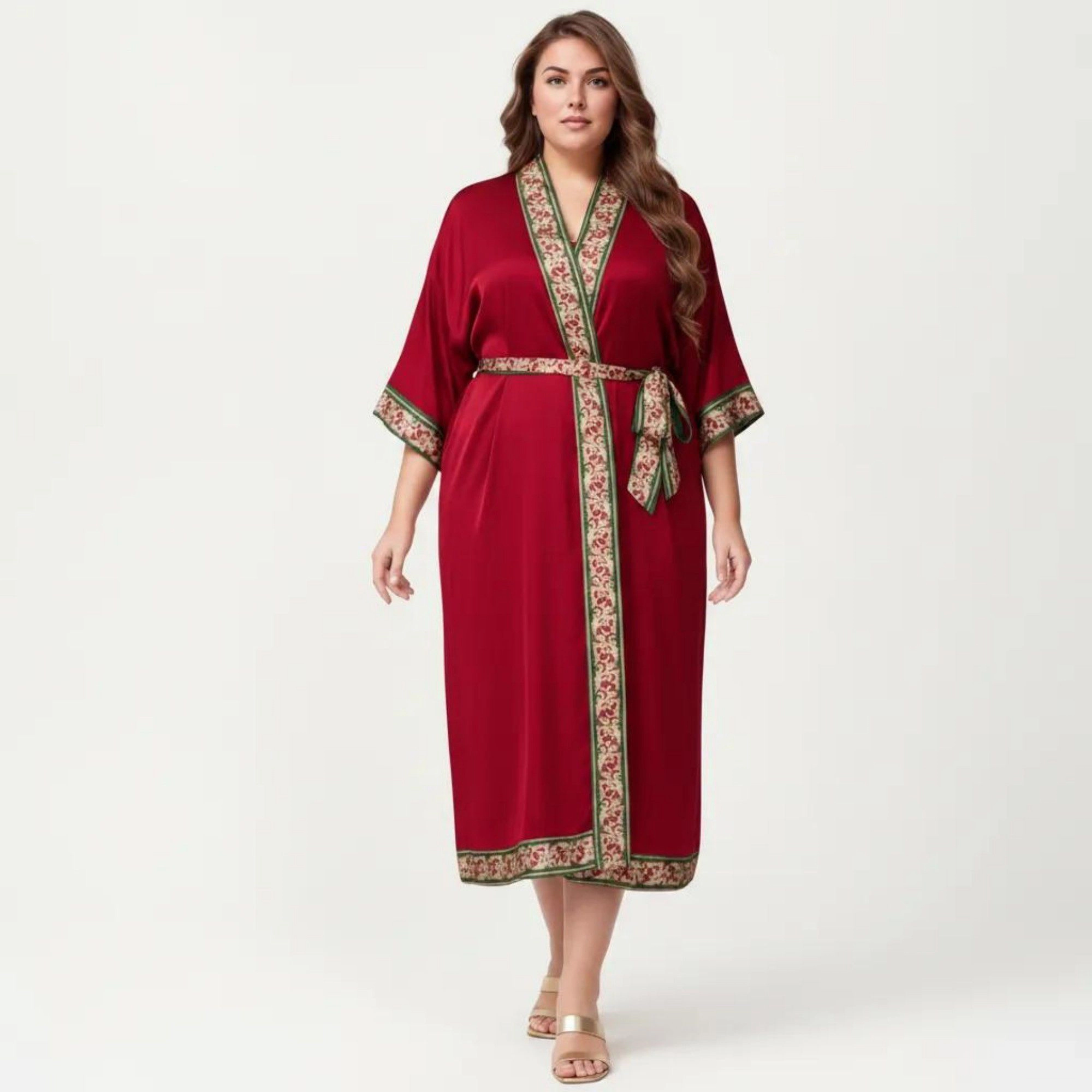 Anna-Kaci Women's Plus Satin Robe with Floral Trim Belted Kimono Sleeve Long Sleepwear