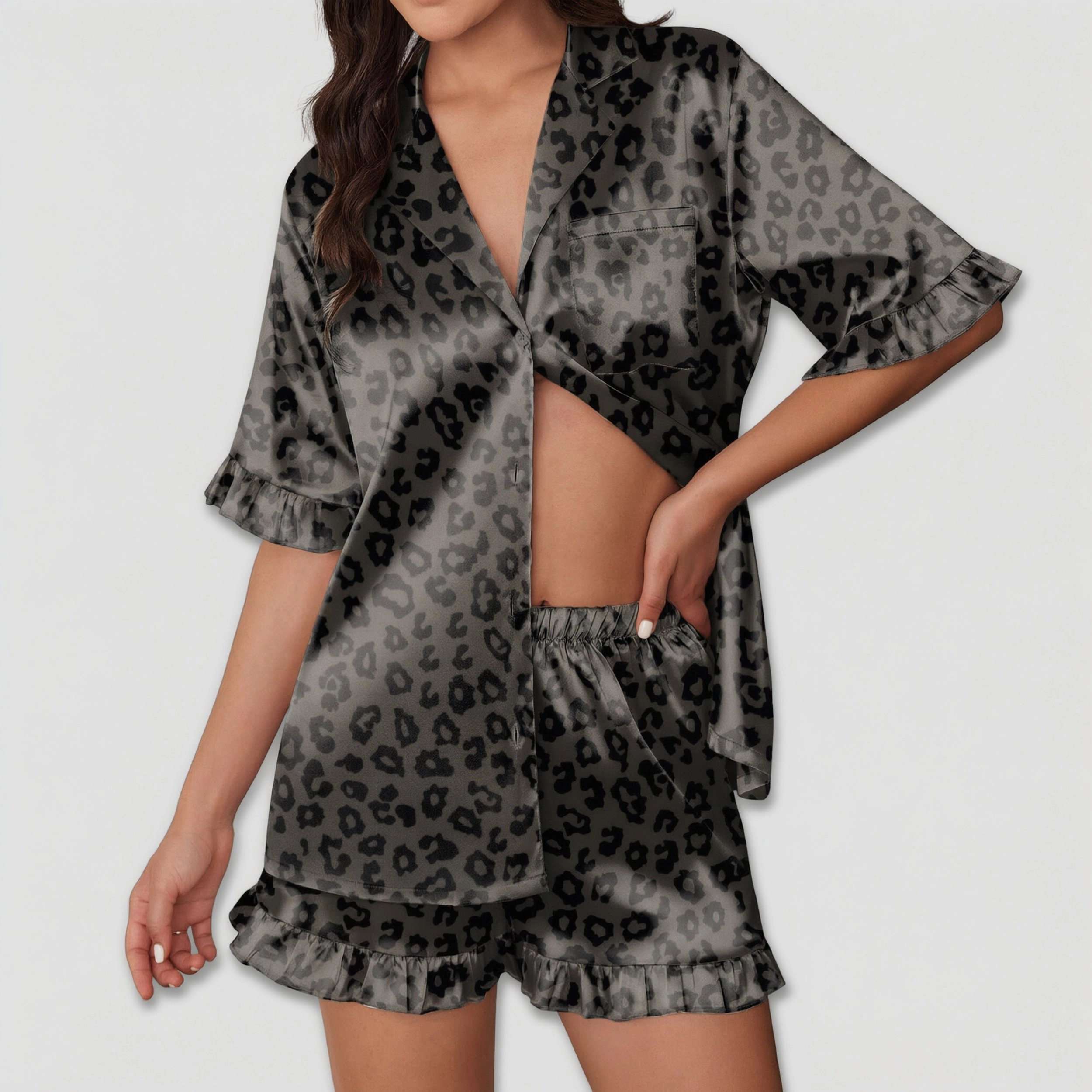 Ekouaer Pajamas for Women Print 2 Piece Button Down Pjs Shorts Set Ruffle Sleepwear