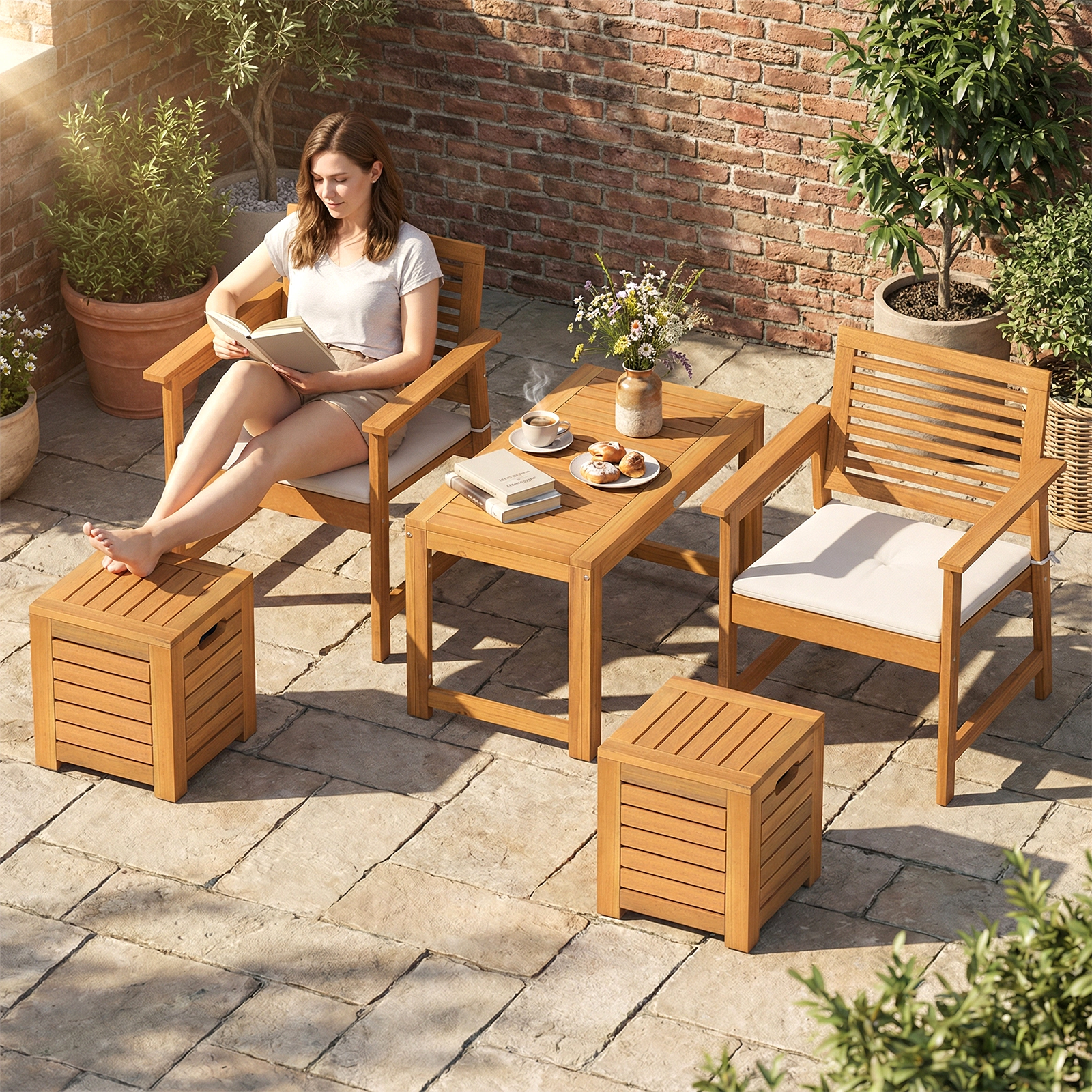 LJG Acacia Wood Outdoor Coffee Table with Stools Set of 2 3 Pieces Patio Table and Stools Set