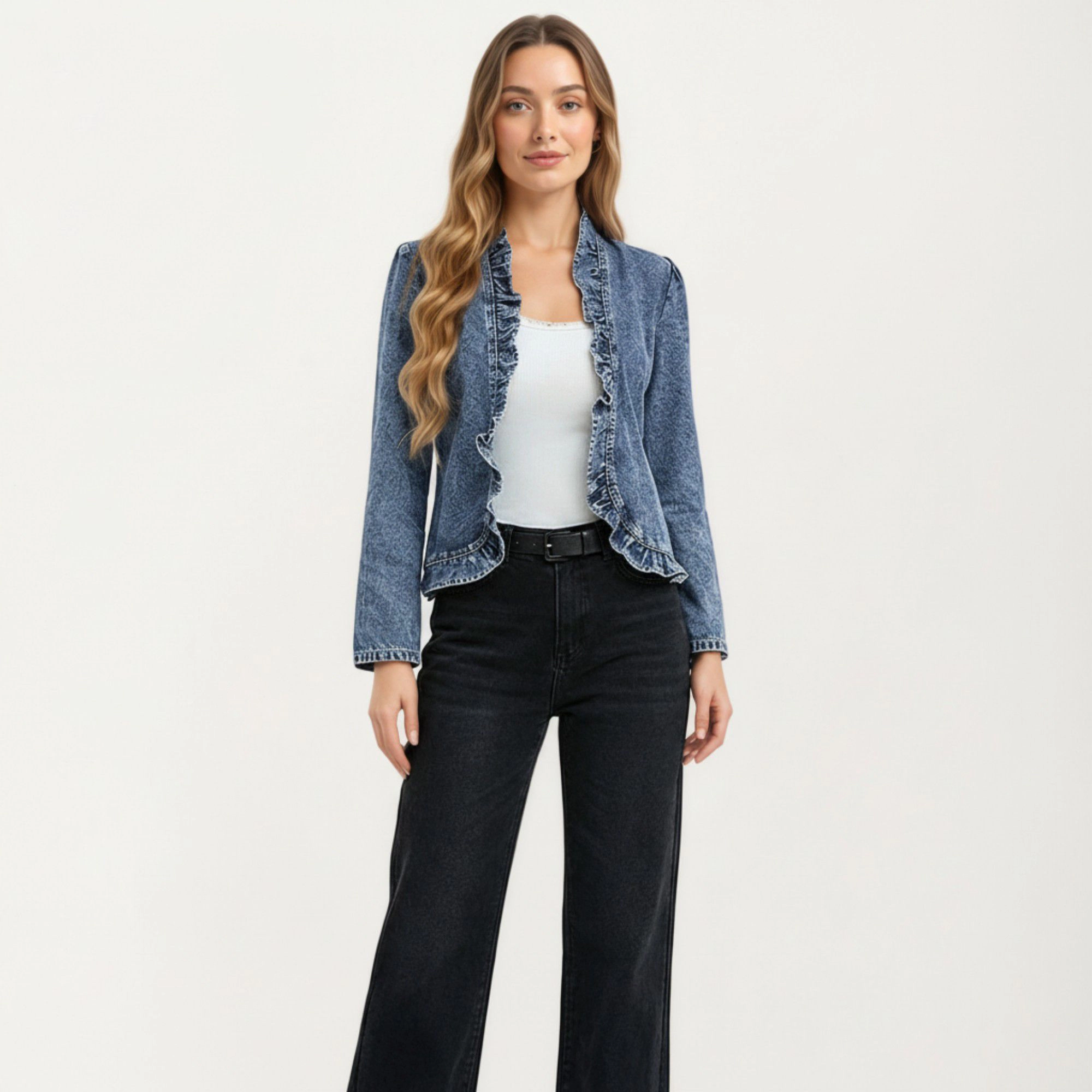 Anna-Kaci Womens Lightweight Ruffle Trim Open Front Denim Jacket
