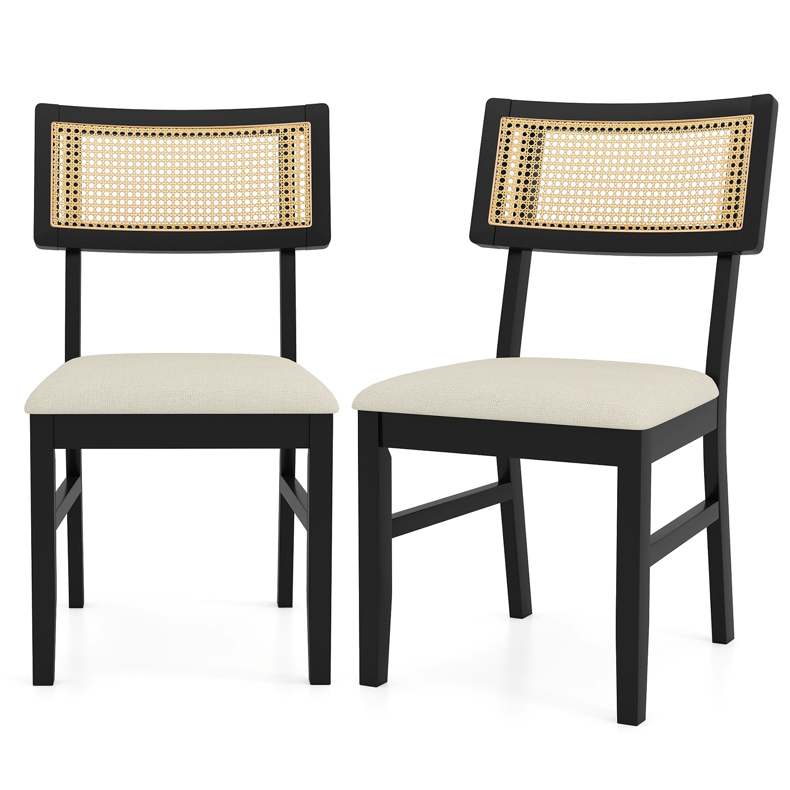 SUGIFT Set of 2 Black Rattan Dining Chairs with Linen Upholstered Seats