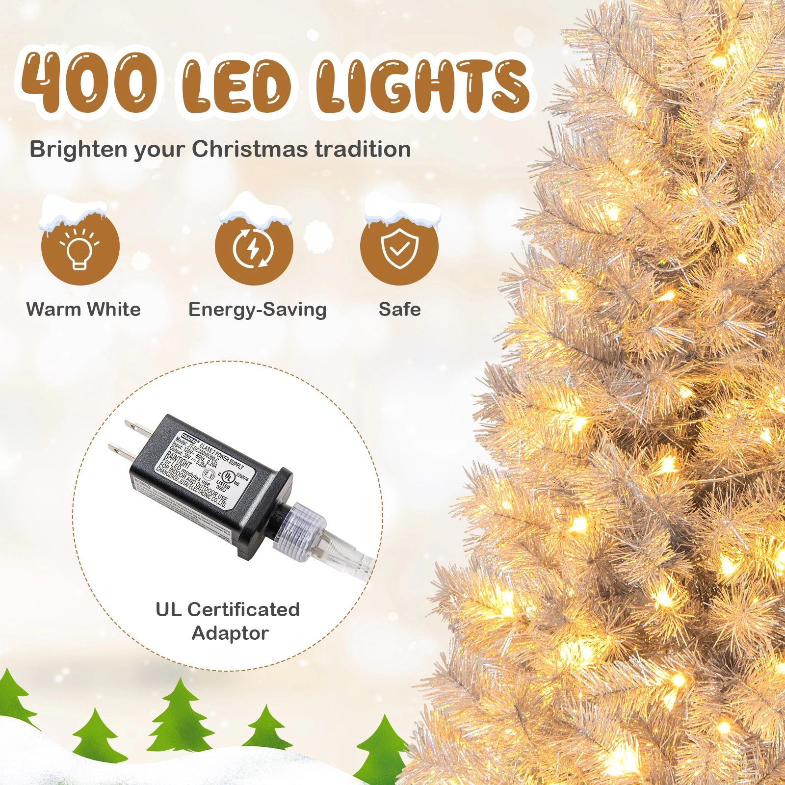 SUGIFT Artificial Xmas Tree with Branch Tips and Warm White LED Lights 7-ft Silver