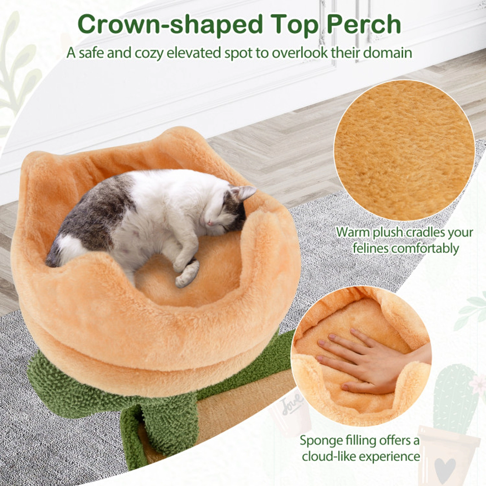 SUGIFT 63-in Cactus Cat Tree with Sisal Scratching Posts, Target Board and Condo 11-lb Capacity Green + Orange