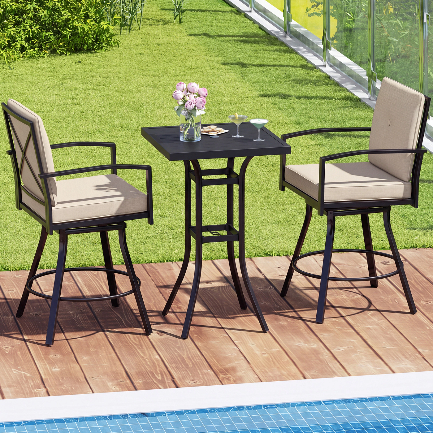 LJG 3 Pieces Patio Swivel Bar Set with Soft Cushions and Umbrella Hole