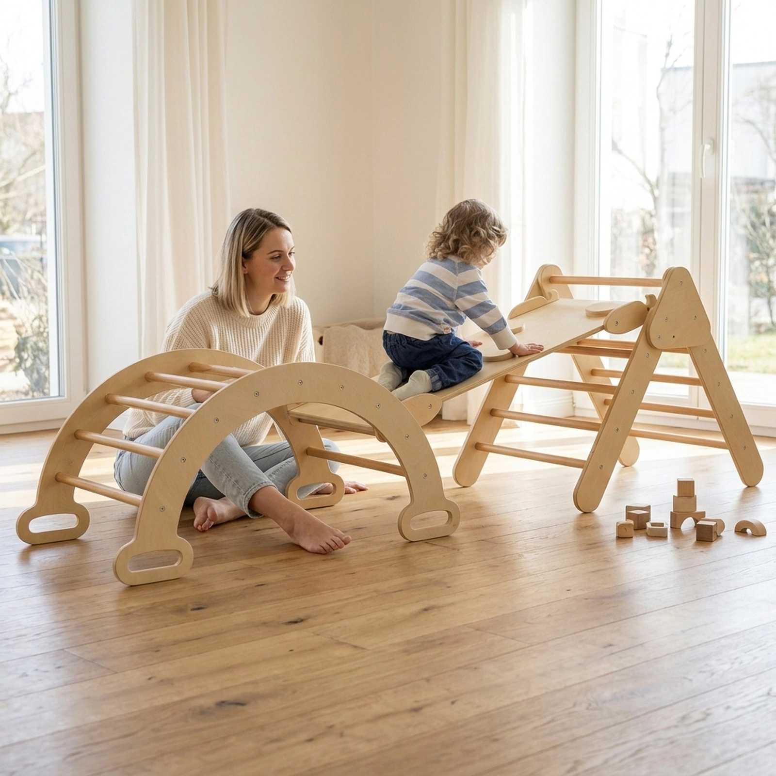 5-in-1 Wooden Pikler Triangle Set Toddler Climbing Toys Reversible Arch Ramp Adjustable Ladder 110-lb Ages 1+ Natural