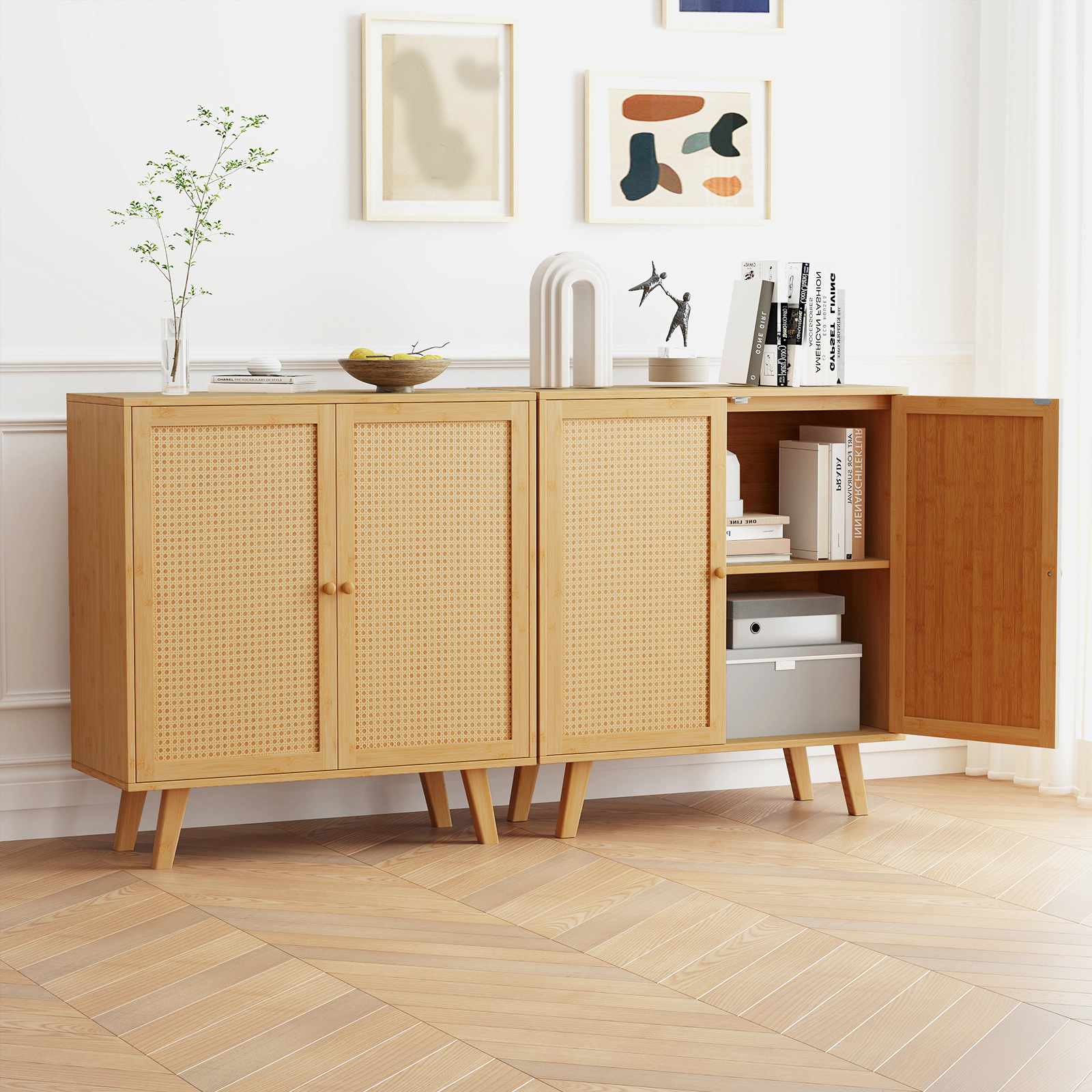 SUGIFT 31.5-in Natural Bamboo Buffet Cabinet with PE Rattan Doors and Shelf Freestanding Kitchen Cupboard