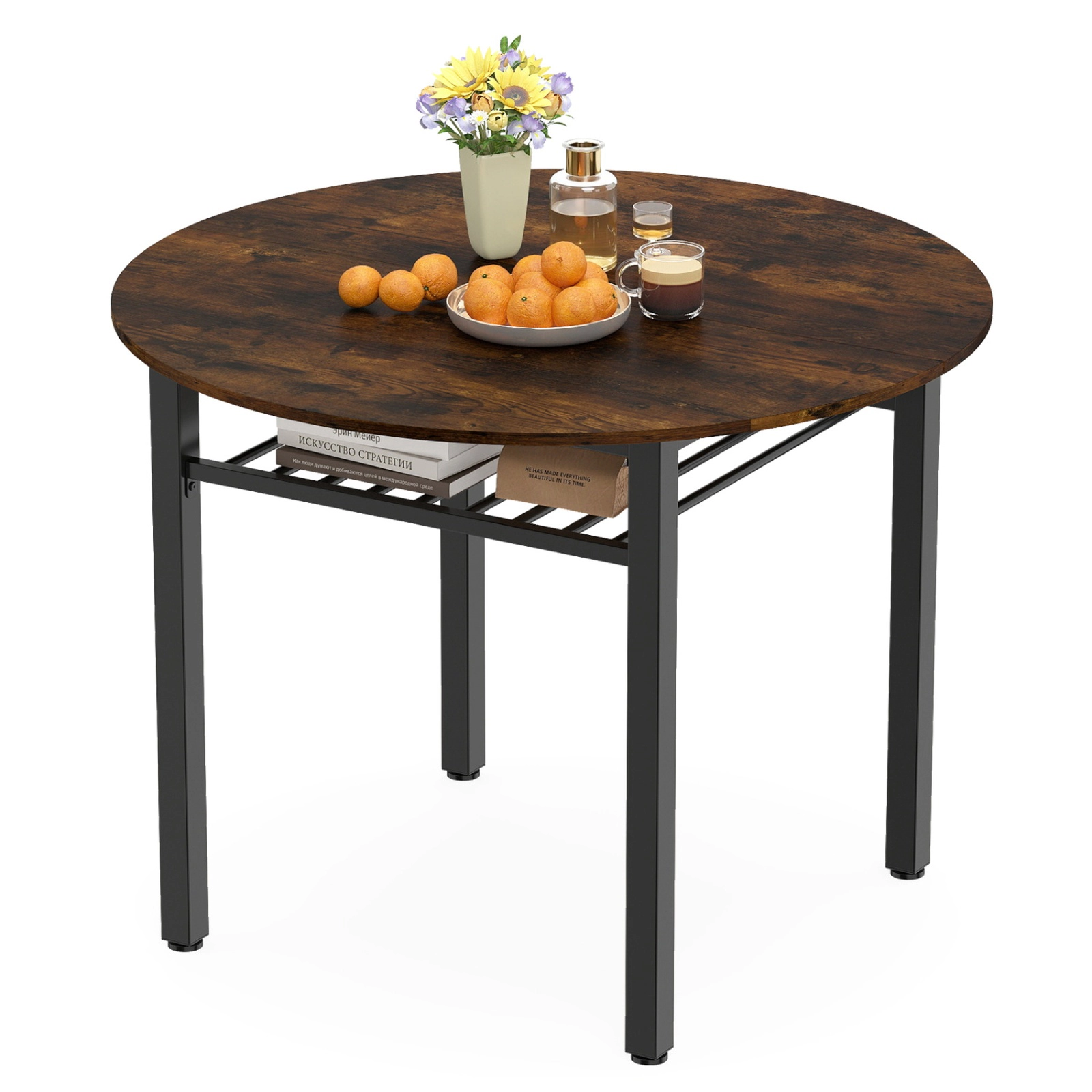 SUGIFT 40-Inch Round Farmhouse Dining Table for 4 with Under-Shelf Storage