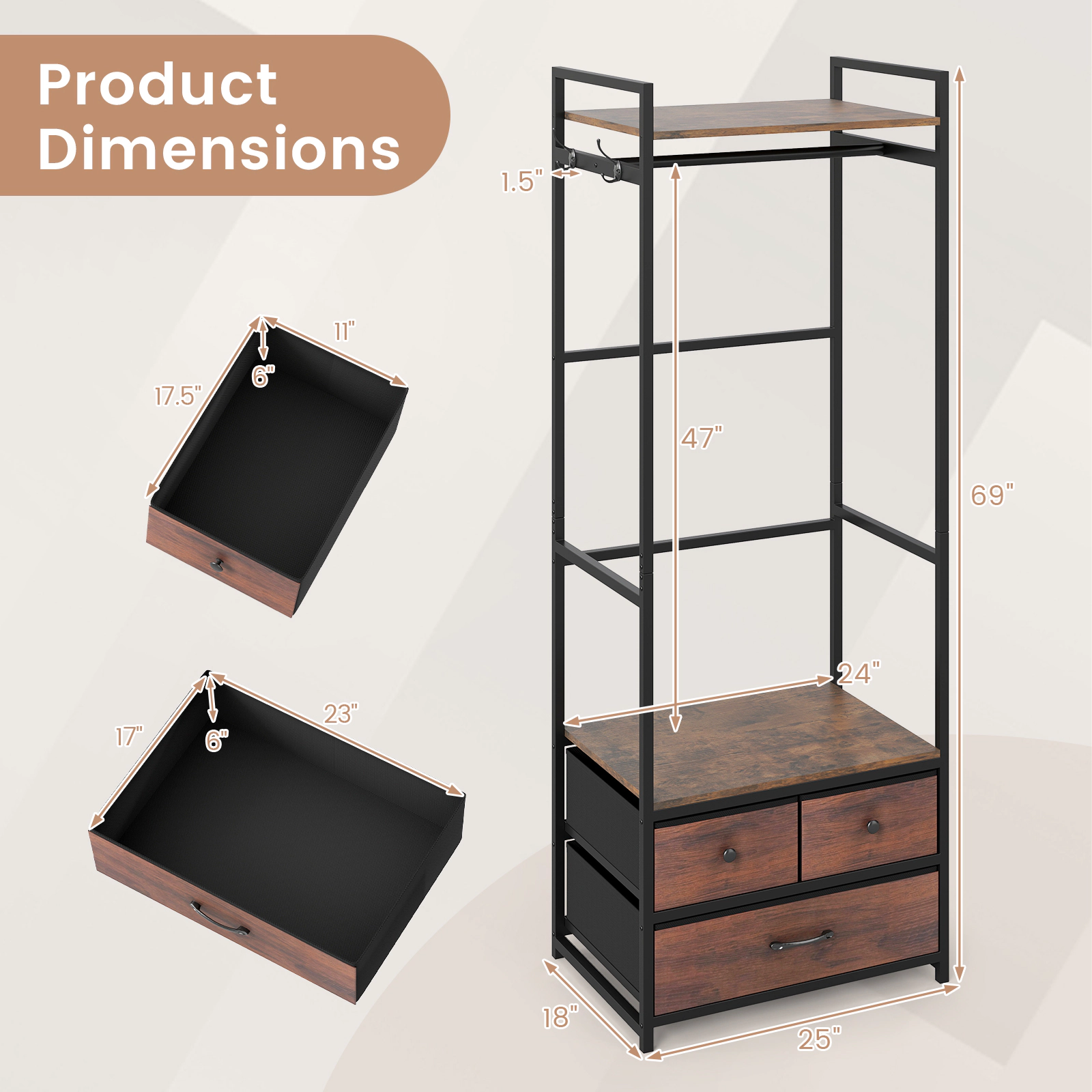 SUGIFT 69-in Tall Industrial Open Wardrobe Clothes Rack with 3 Fabric Drawers Shelves and Side Hooks