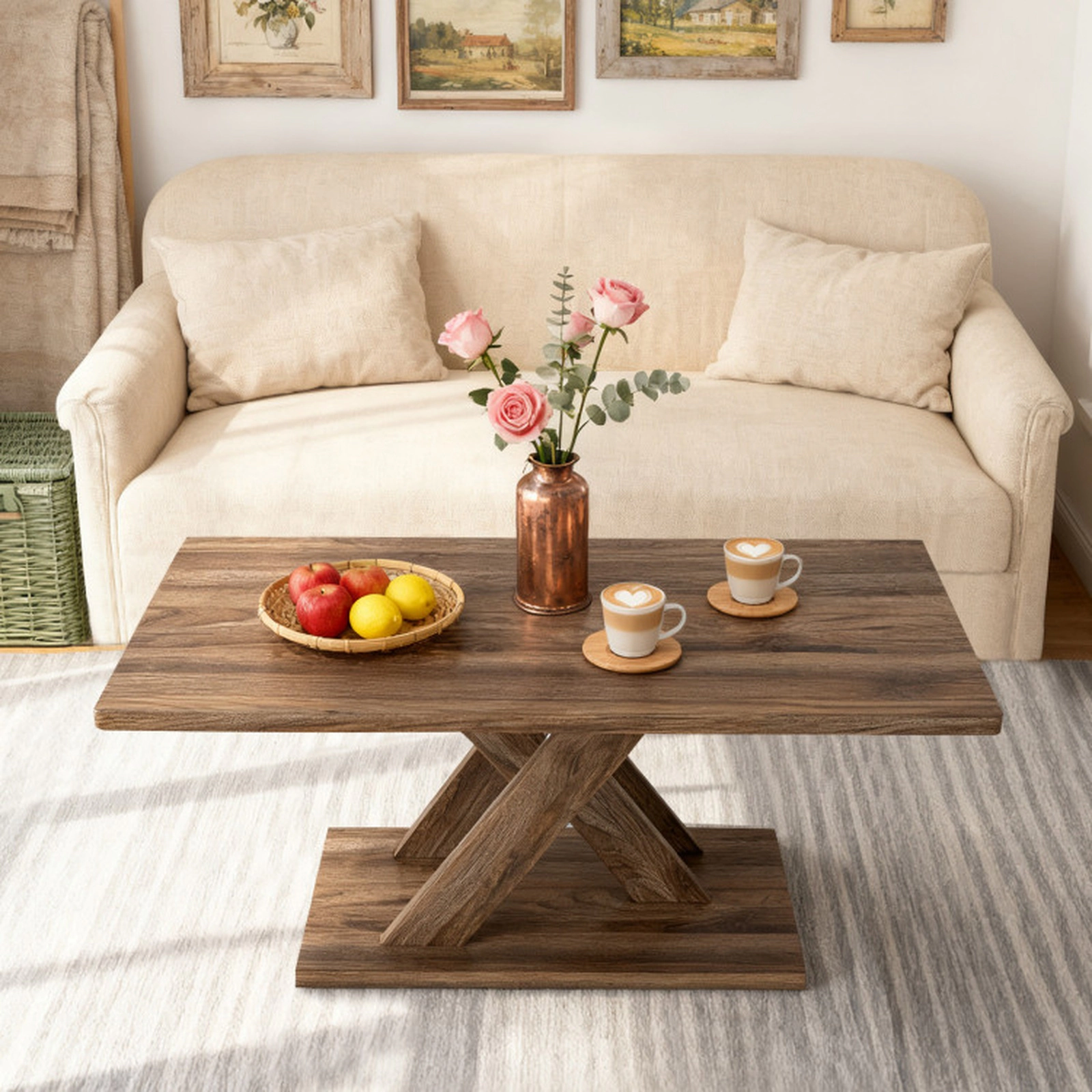 SUGIFT 37.5-in Rectangular Coffee Table with Stable Base and Rubber Wood Connection 220-lb Capacity Rustic Brown 1-Piece